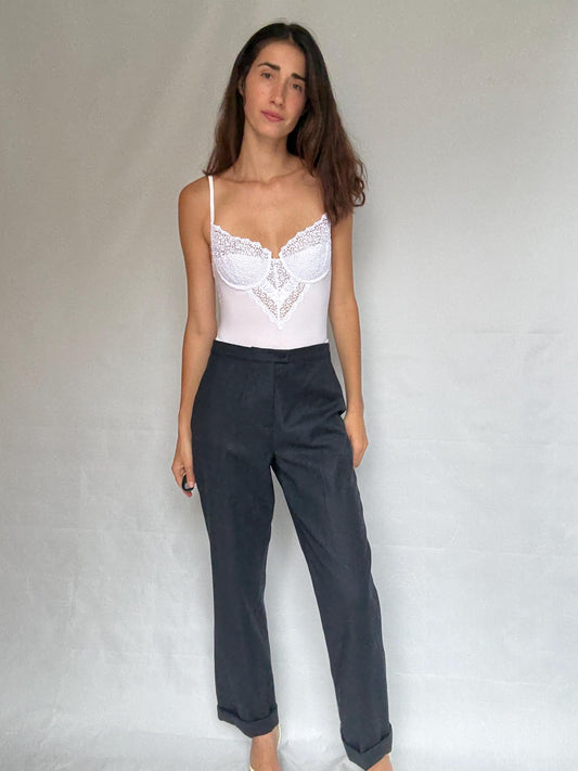 Vintage dark blue wool pants made in Italy, high waist straight leg 100 % virgin wool trousers, Smart academia aesthetic, US M, office chic