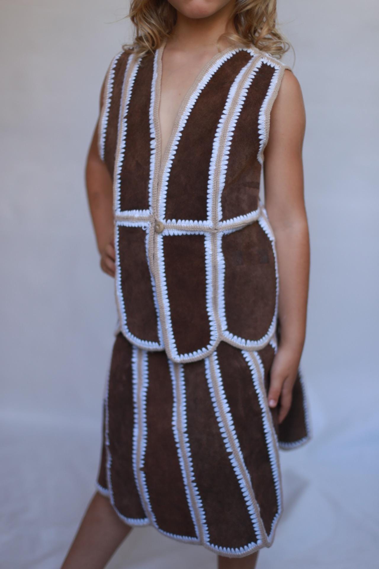 Rustic kids vest and skirt set, wool and leather blend, striped stitch detail, bohemian style, playtime wear, size 5-7 years old