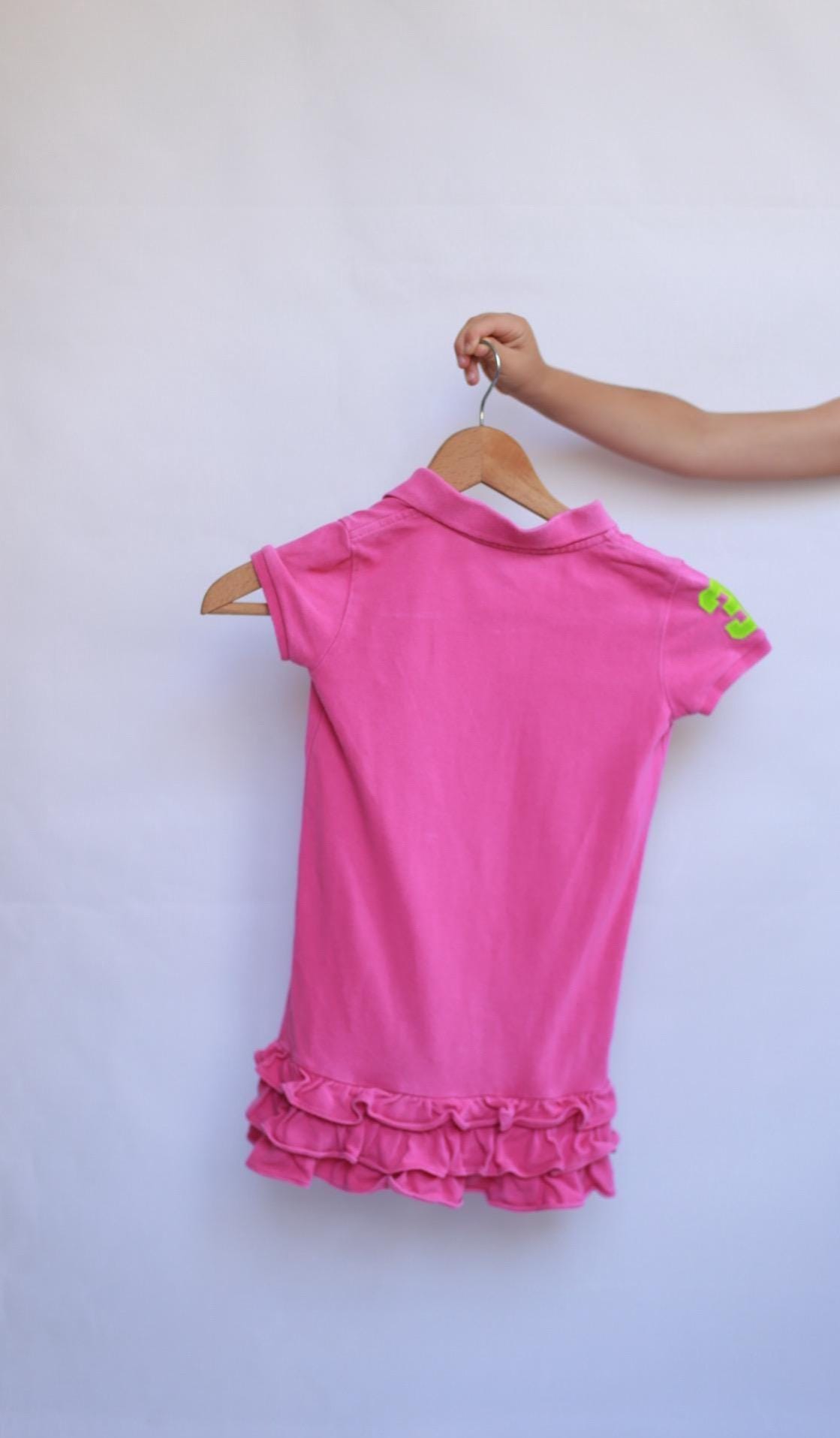 Ralph Lauren pink polo dress, 100% cotton, line silhouette, ruffled hem, preppy sporty style, US 5 (children), casual outings
