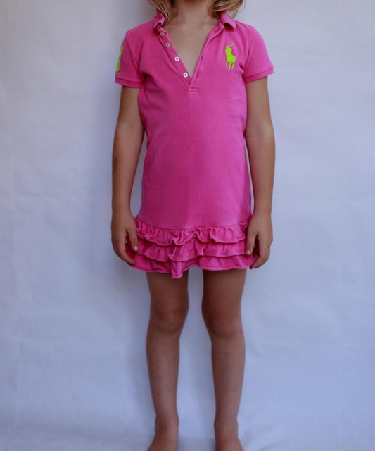 Ralph Lauren pink polo dress, 100% cotton, line silhouette, ruffled hem, preppy sporty style, US 5 (children), casual outings