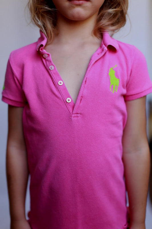 Ralph Lauren pink polo dress, 100% cotton, line silhouette, ruffled hem, preppy sporty style, US 5 (children), casual outings