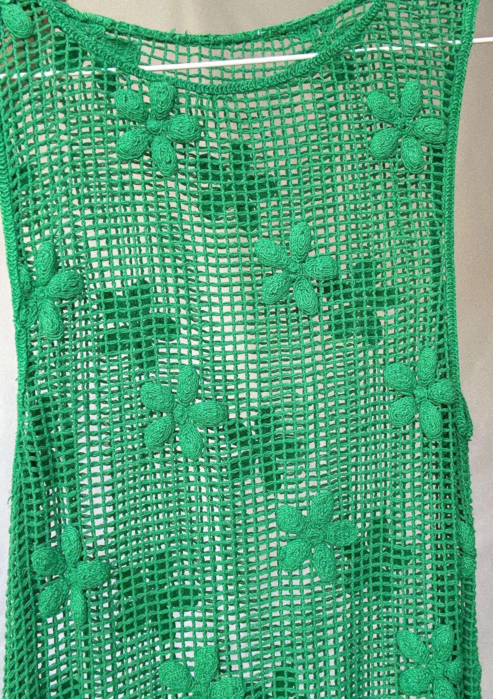 Green sexy crochet maxi dress with side splits, floral crochet design long summer dress, bohemian, US M, summer beachwear