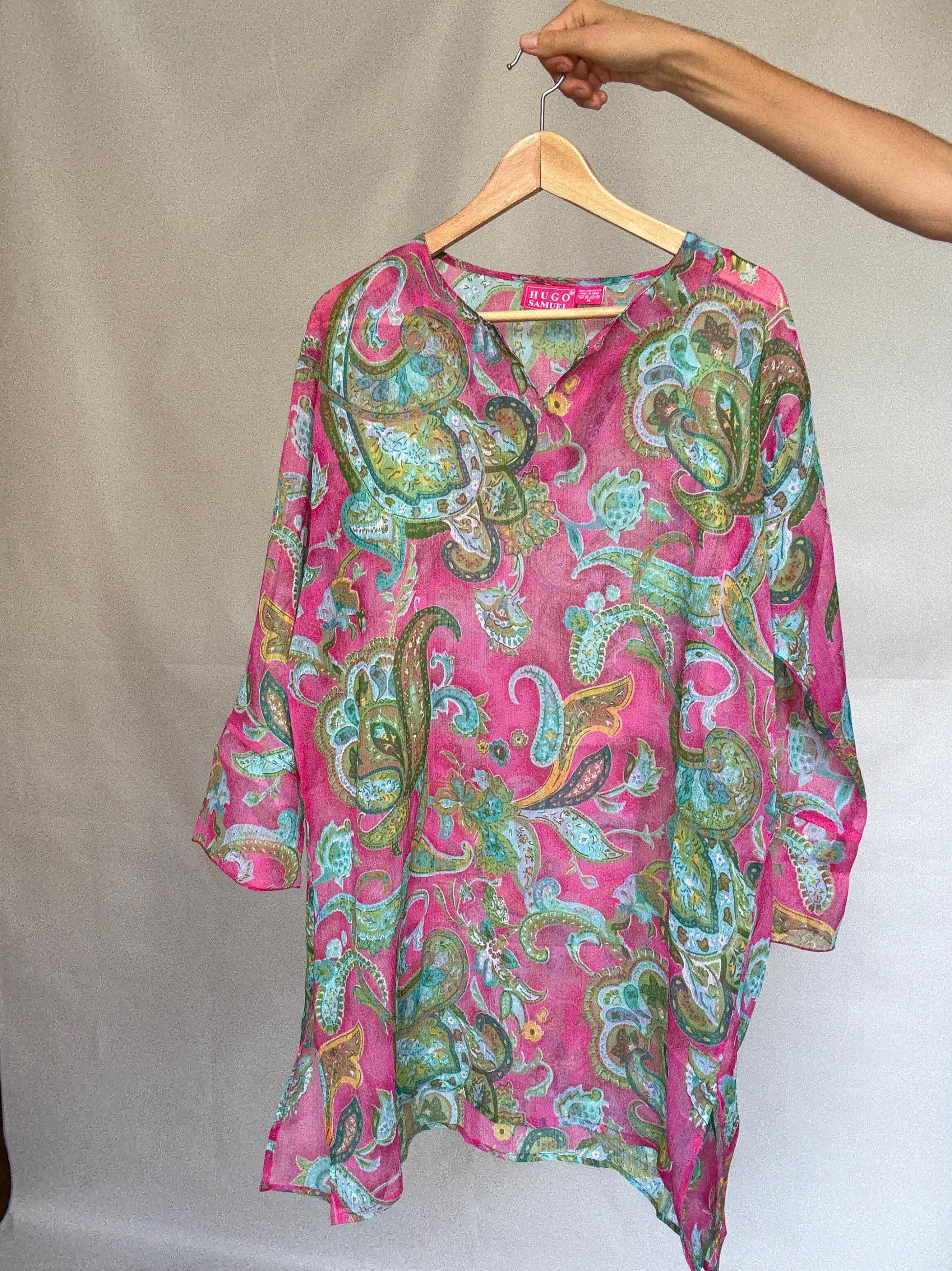 Vibrant paisley sheer dress with flowy fit, bohemian see through pool wear, Pool party outfit, Summer vacation beach style, US M