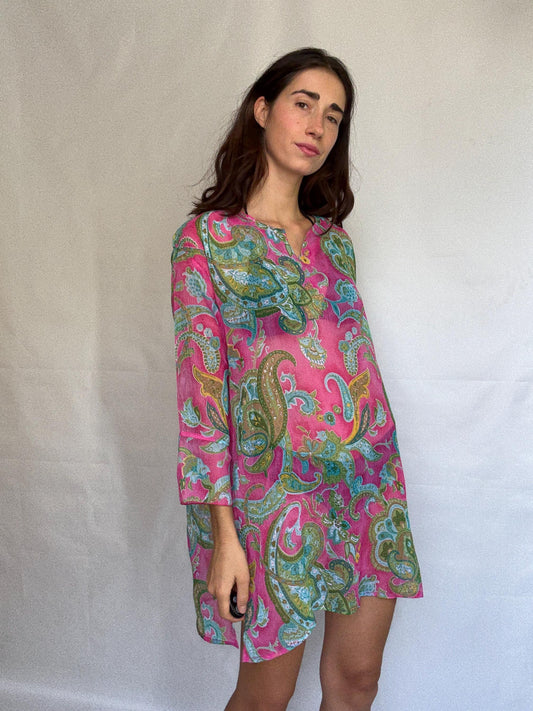 Vibrant paisley sheer dress with flowy fit, bohemian see through pool wear, Pool party outfit, Summer vacation beach style, US M