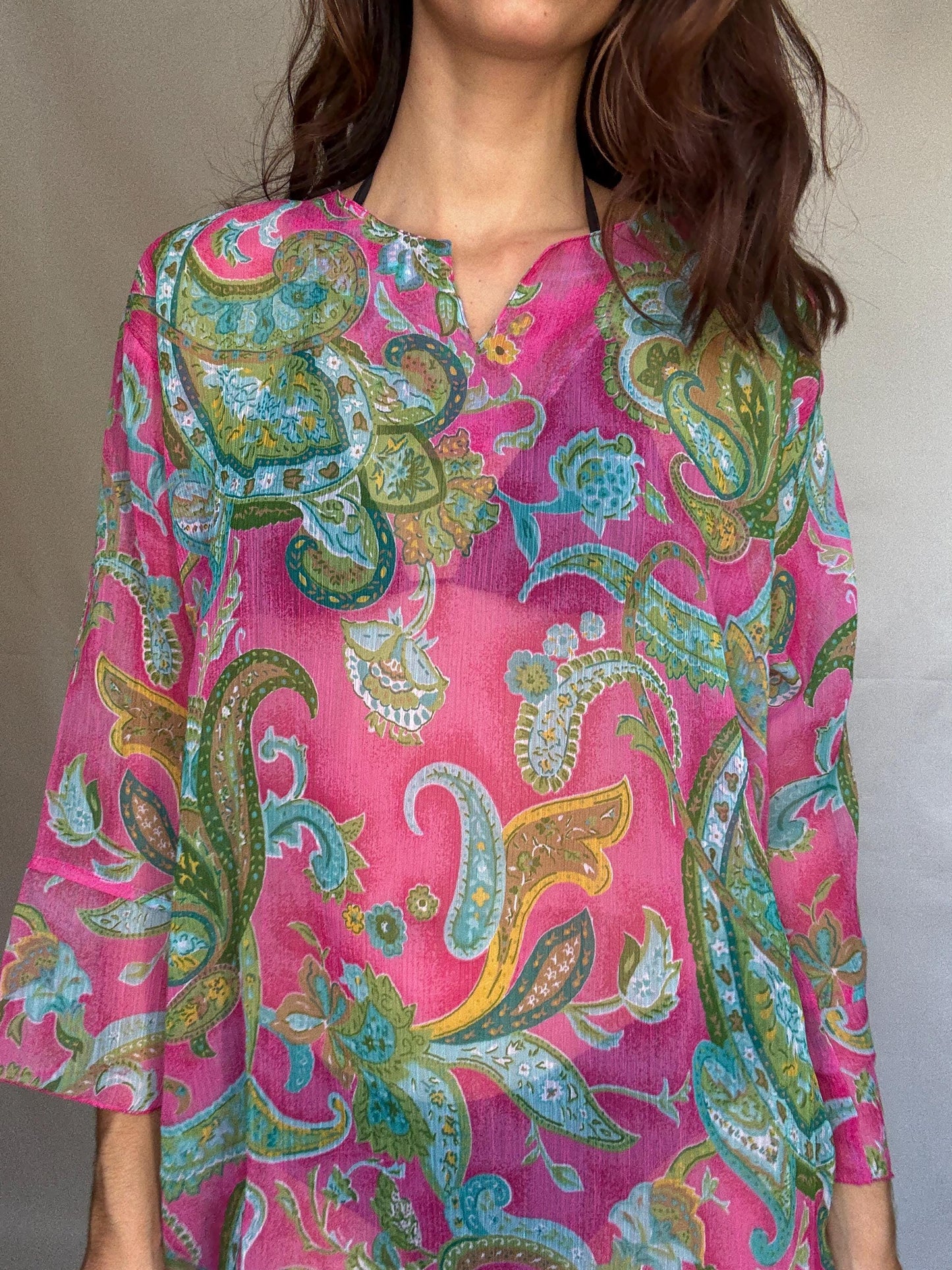 Vibrant paisley sheer dress with flowy fit, bohemian see through pool wear, Pool party outfit, Summer vacation beach style, US M