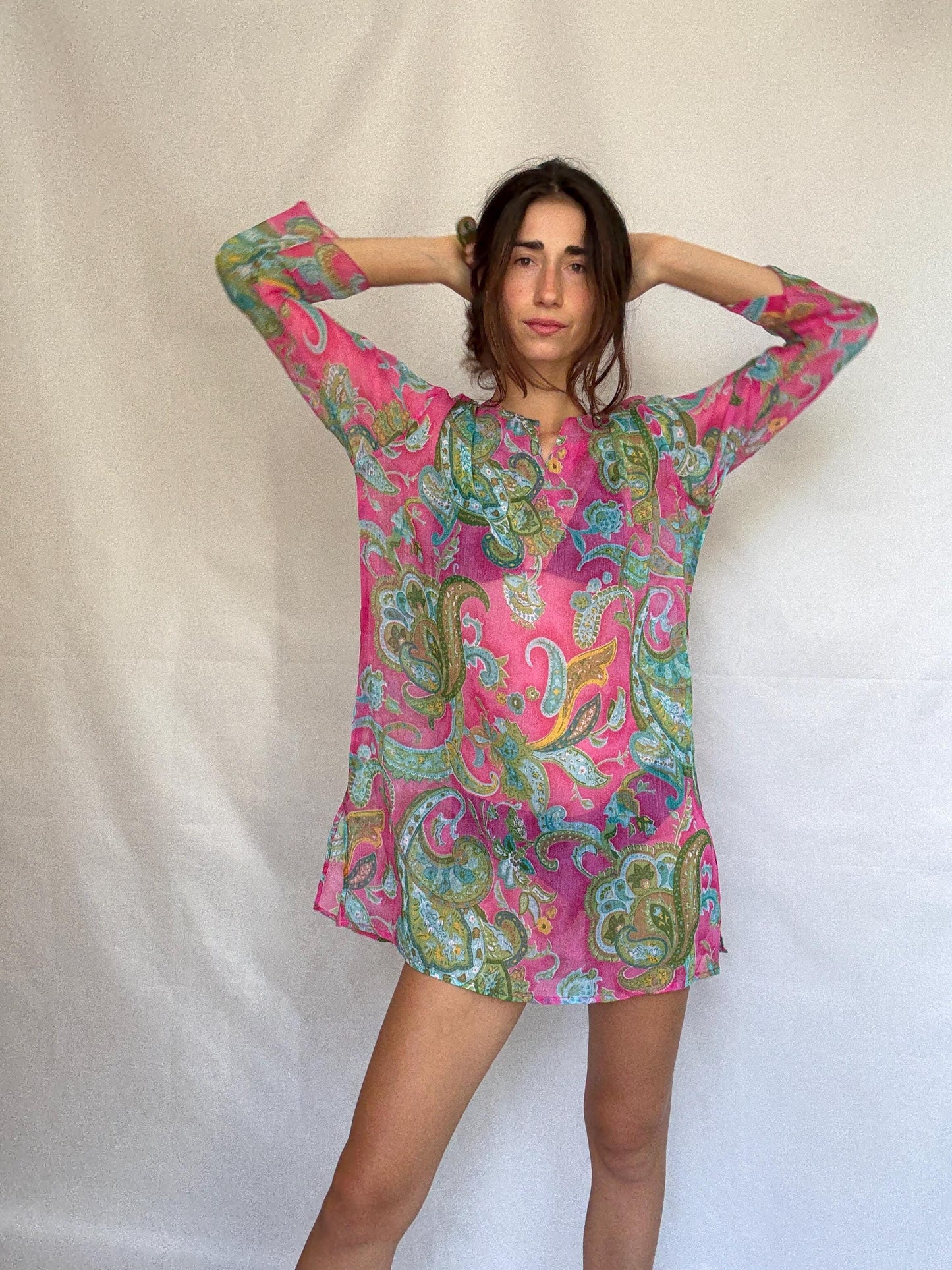 Vibrant paisley sheer dress with flowy fit, bohemian see through pool wear, Pool party outfit, Summer vacation beach style, US M