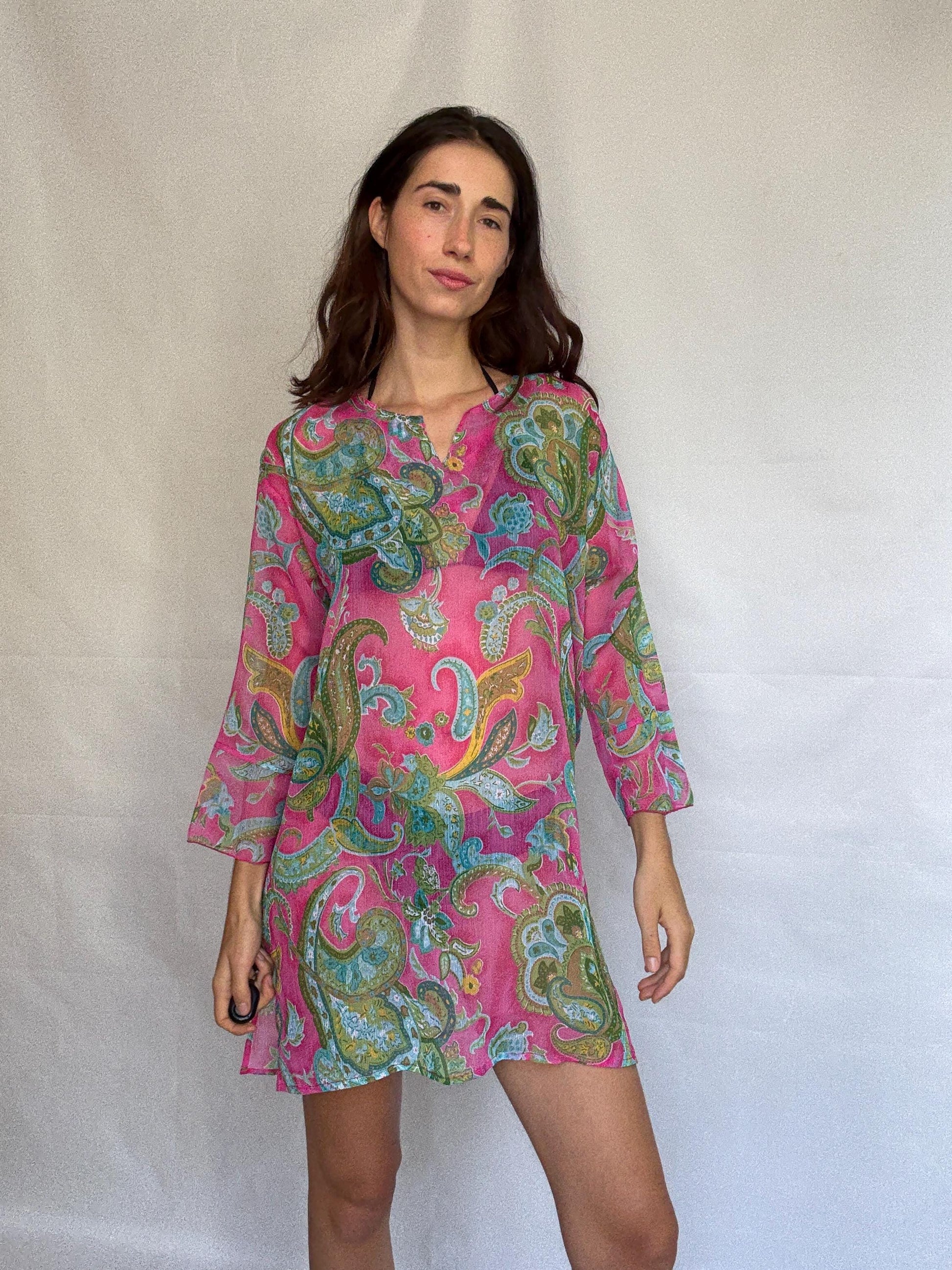 Vibrant paisley sheer dress with flowy fit, bohemian see through pool wear, Pool party outfit, Summer vacation beach style, US M