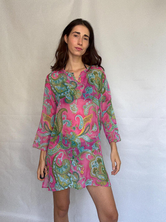 Vibrant paisley sheer dress with flowy fit, bohemian see through pool wear, Pool party outfit, Summer vacation beach style, US M