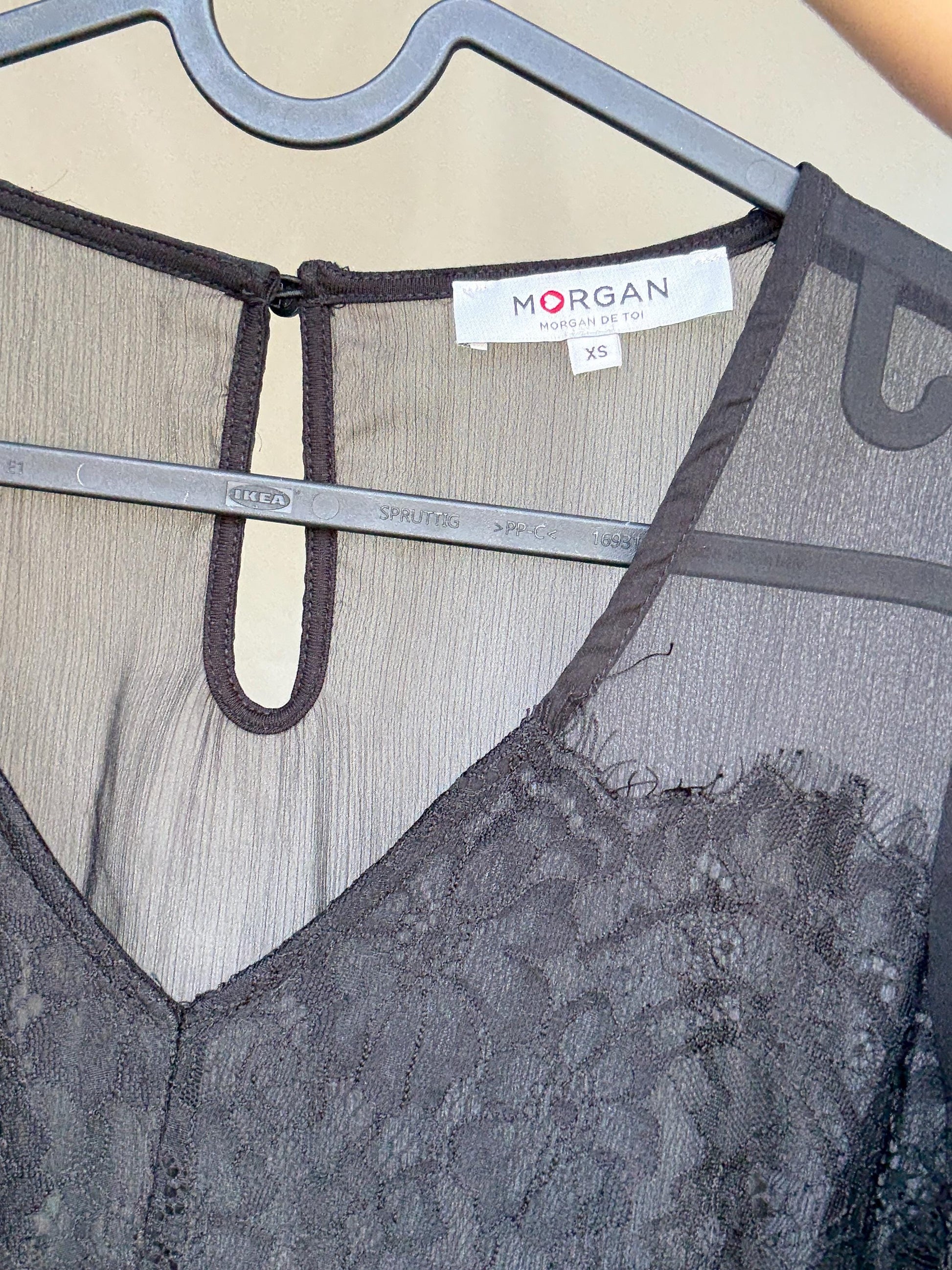 Morgan de Toi black lace bodysuit, Sexy sheer body, Elegant v- neckline see through top, , US XS, party eveningwear