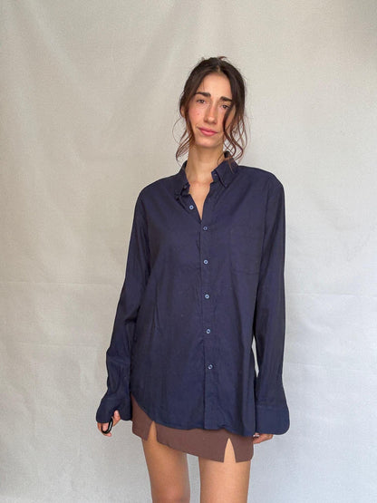 Dark Blue Classic Fit Button-Up Shirt — back view