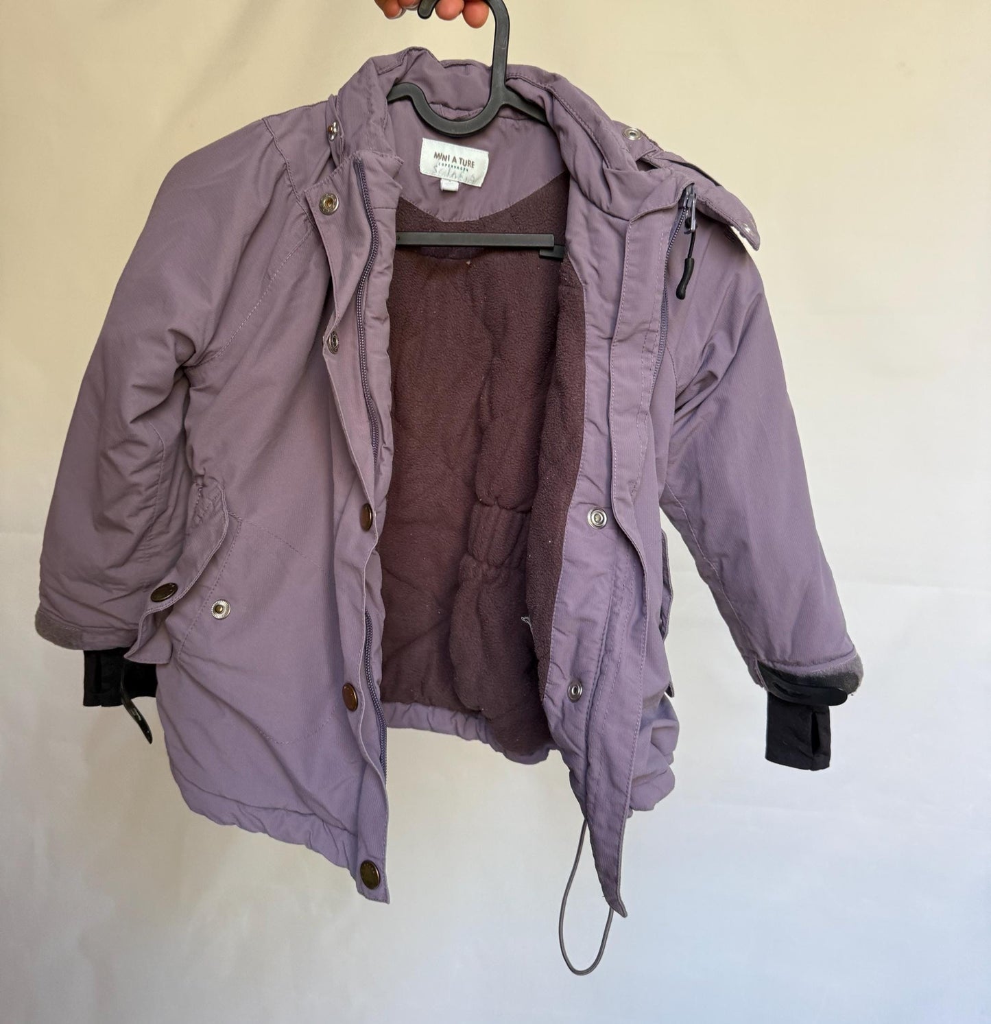 Mini a ture Copenhagen children's winter coat, zipper and snap closure, hood with plush lining, elastic waist, casual prep, EU 104