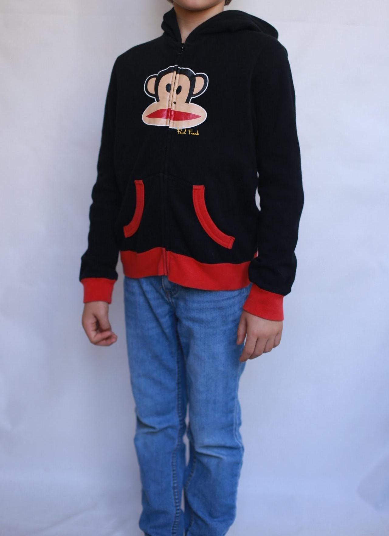 Paul Frank black hoodie, 80% cotton, front zipper, cartoon monkey graphic, casual streetwear, US M (Kids), campus style