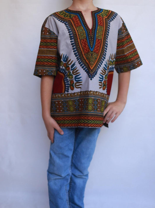 African dark green children's shirt, straight fit, classic collar, retro 90s inspired, US M (children), Dashiki pattern