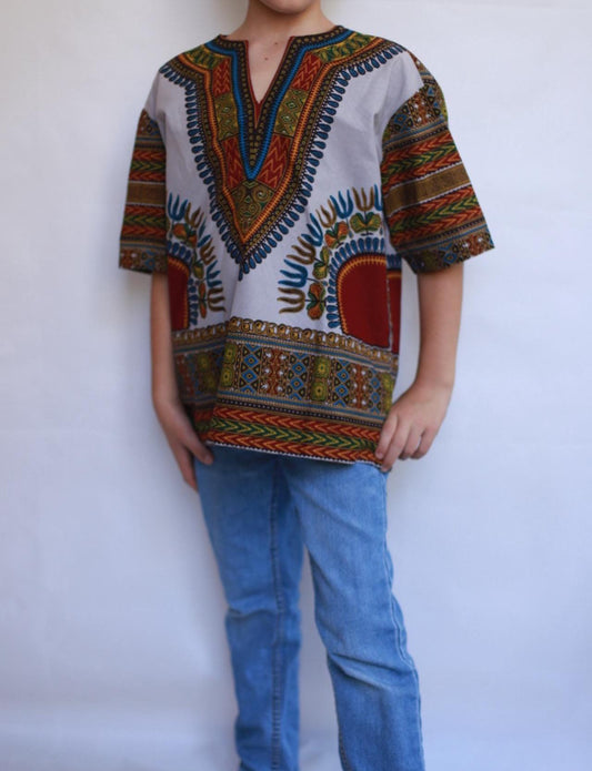 African dark green children's shirt, straight fit, classic collar, retro 90s inspired, US M (children), Dashiki pattern