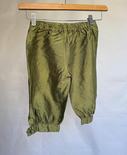 Elvira Nieto olive green silk cropped pants, adjustable hem detail, elegant minimalism, US 4, chic casual