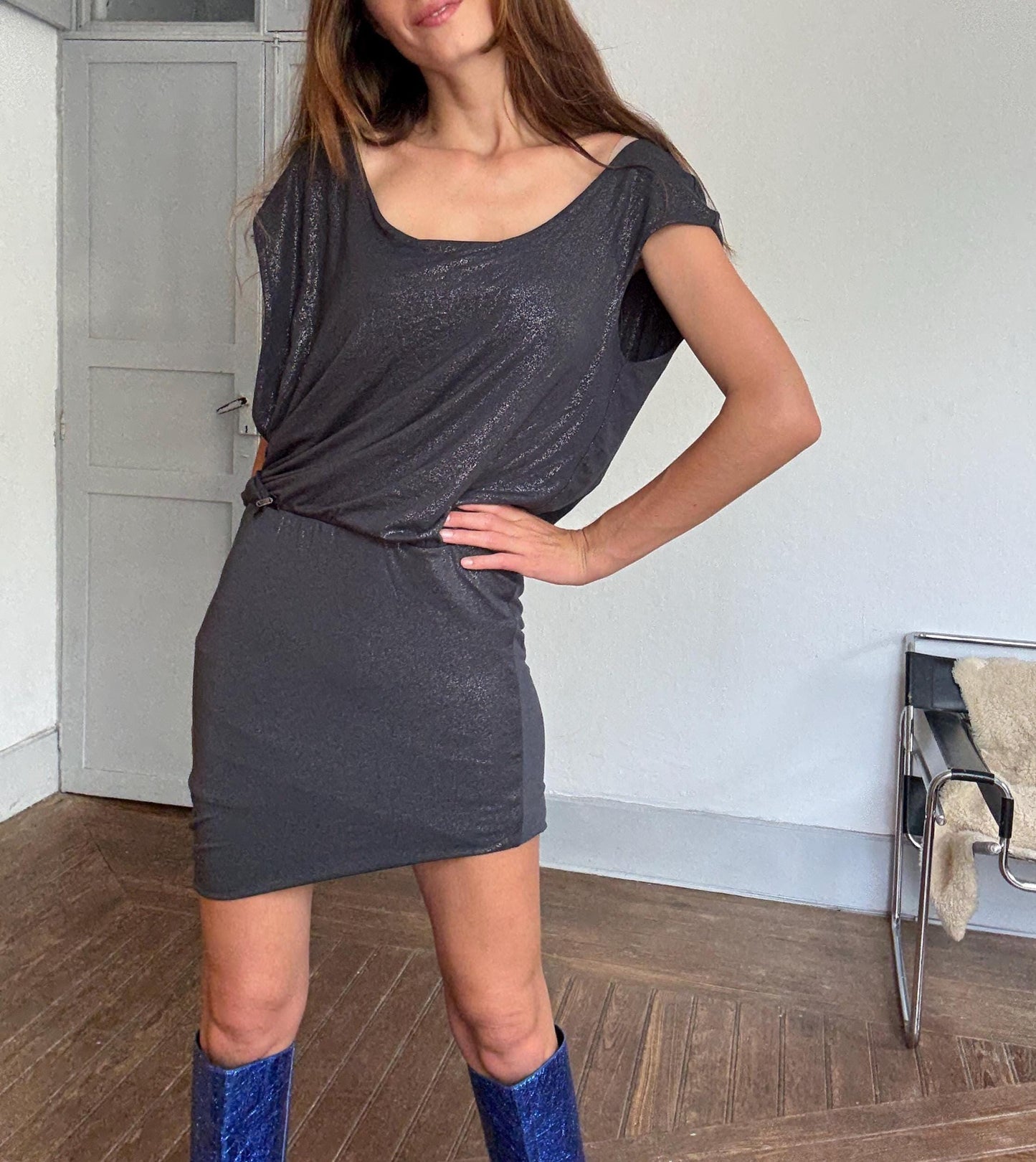 Vintage GUESS metallic charcoal draped mini dress – slinky shimmer partywear perfection