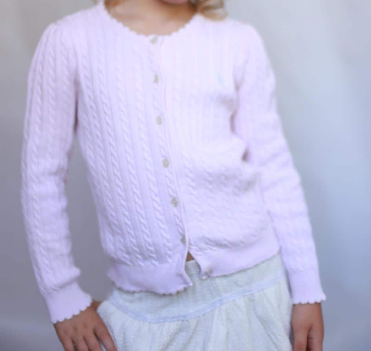 Polo Ralph Lauren light pink sweater, classic fit, cable knit texture, casual feminine, US 6 kids, versatile wear