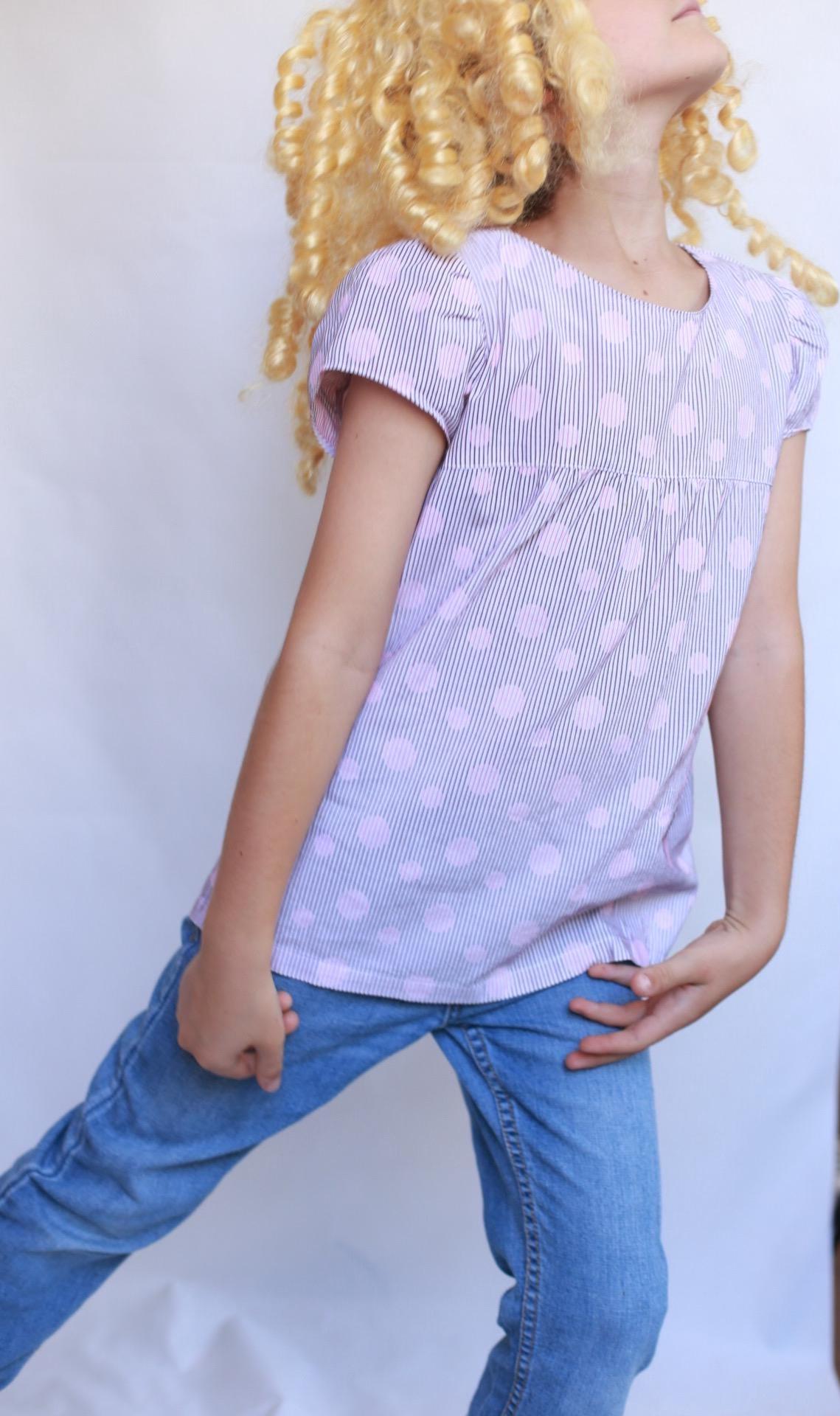 Sessun pink polka dot top, 100% cotton, crew neck, puffed sleeves, gathered detail, light academia, US XS kids, casual streetwear