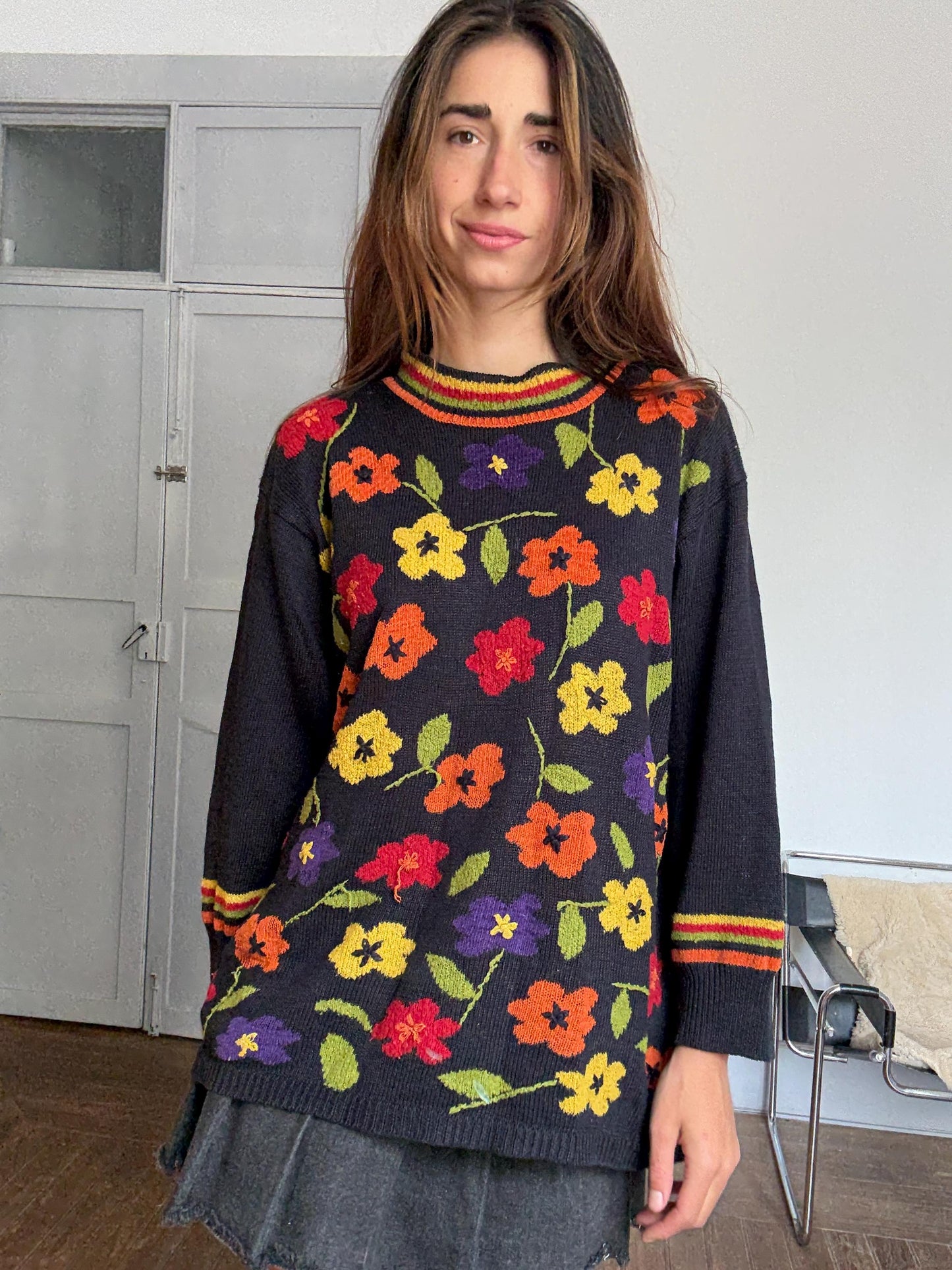 Vintage Frank Saut Floral Knit Sweater | Bold Colorful Print | Iconic Sade Style Statement Piece | Free Size 80s Boho Cozy Knit