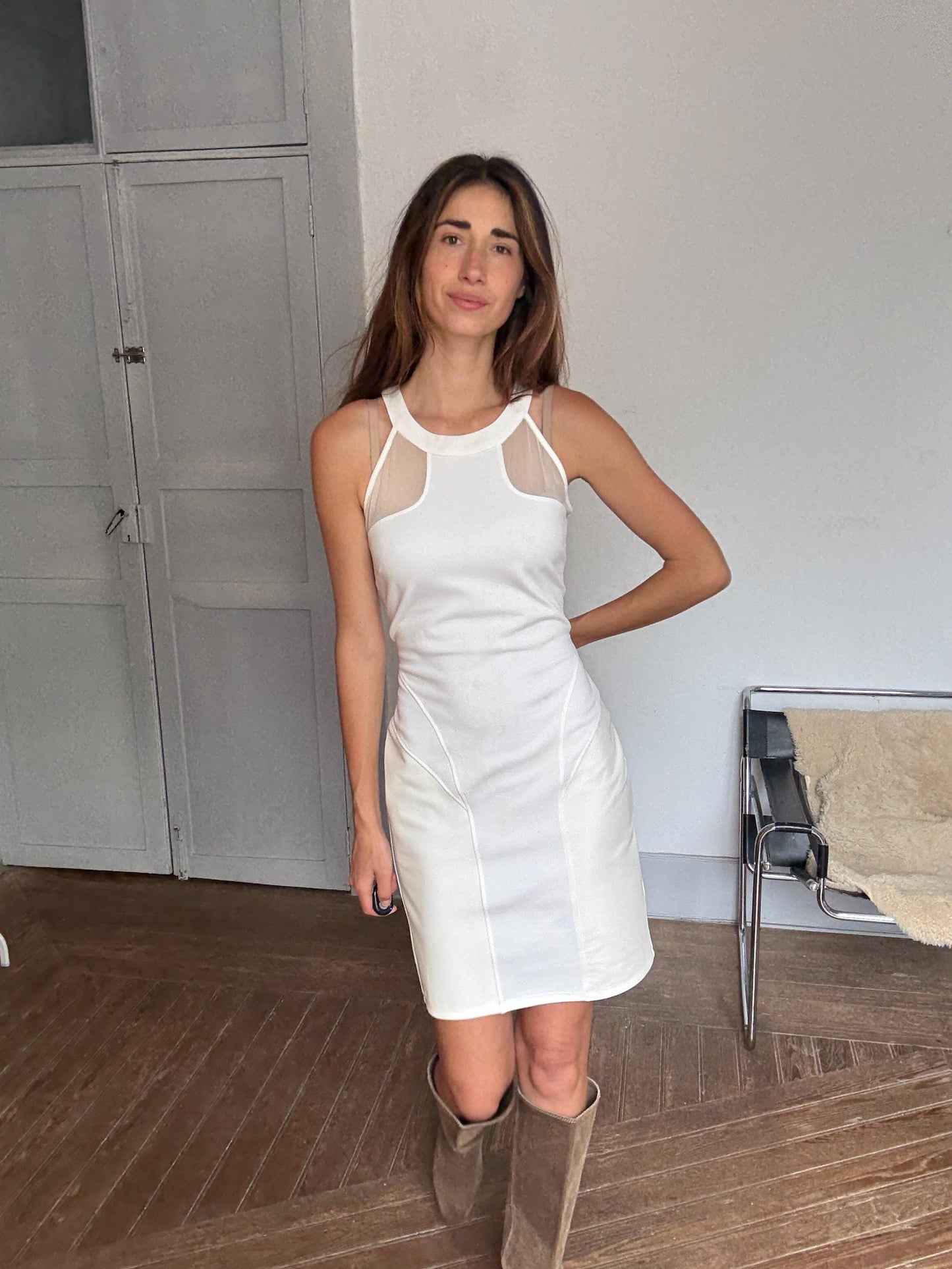 GUESS White Bodycon Mini Dress – Mesh Panel Clubwear – Size L – Y2K Vibes