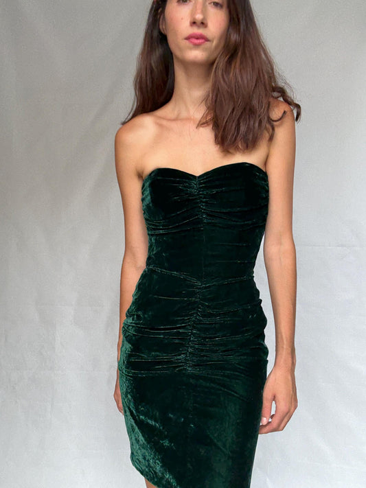 Velvet silk Christina Stawboliey deep green dress, bustier body, hourglass silhouette, XS