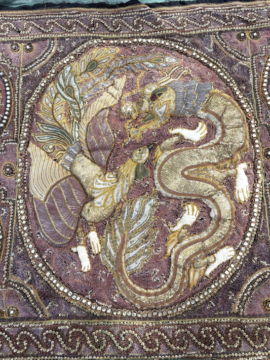 Large Antique Burmese Kalaga Tapestry – Hand-Embroidered Beaded Wall Hanging – Gold Silver Thread Dragon & Peacock – 19th/20th Century