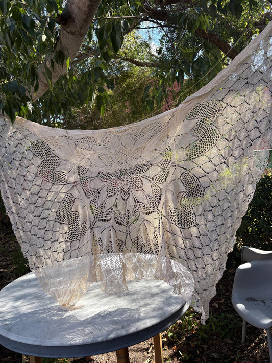 Handmade Crochet Lace Blanket, Round Lace Tablecloth, Vintage Boho Bedspread, Openwork Lace Throw, Shabby Chic Sofa Cover, Cottagecore Decor