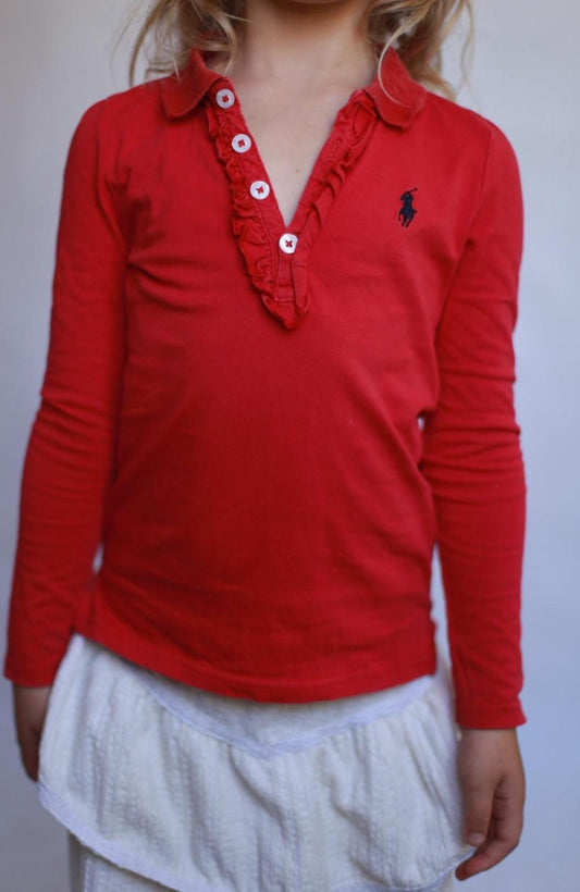 Ralph Lauren red shirt,, classic fit, collared with ruffled trim, preppy Kate Middleton style, US 6