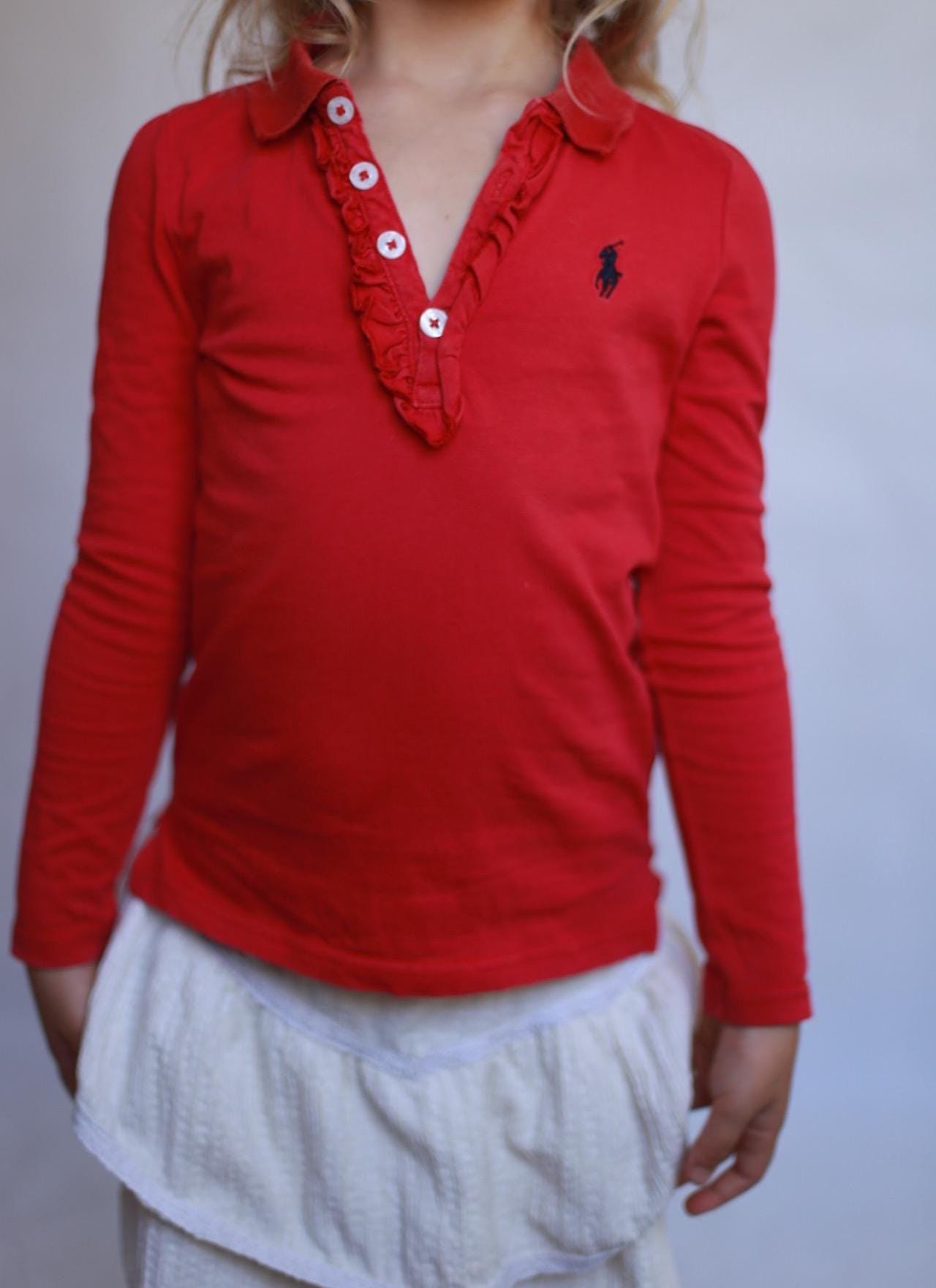 Ralph Lauren red shirt,, classic fit, collared with ruffled trim, preppy Kate Middleton style, US 6