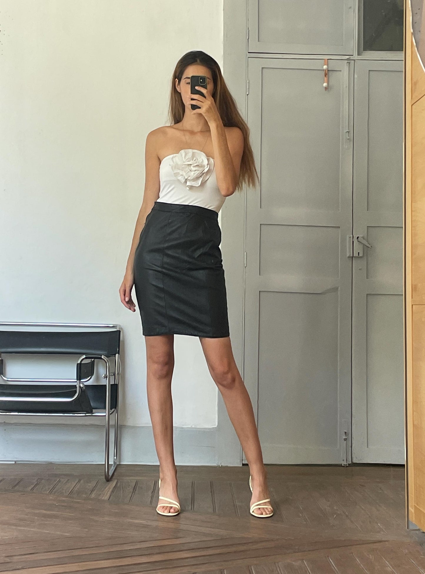 Vintage genuine leather skirt, High waist tight pencil skirt in black leather, 90s sexy dominatrix clothing, Size S , 36