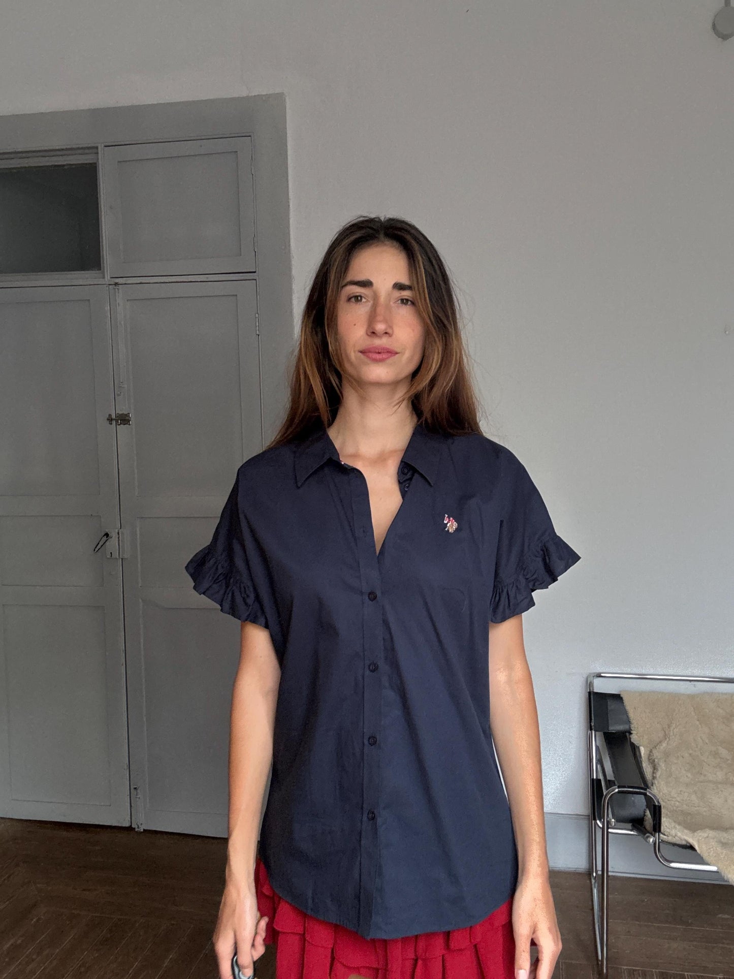 Navy Cotton Ruffle-Sleeve Blouse
