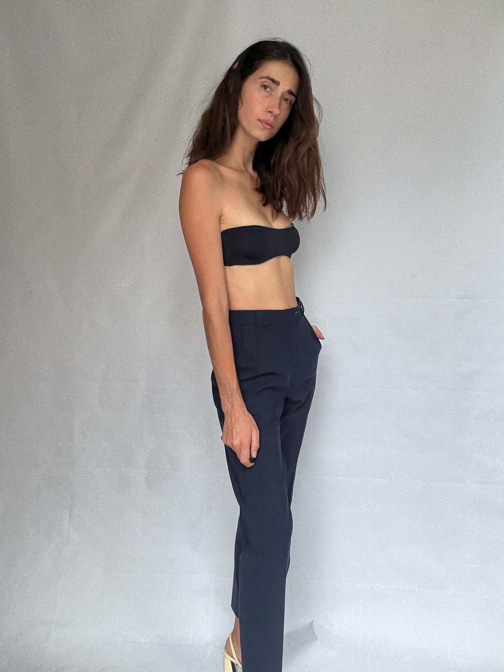 Rosner dark navy blue high waist pants, wool blend tailored fit trousers, Luxe minimalist chic woman trousers, Dark academia aesthetic, US S