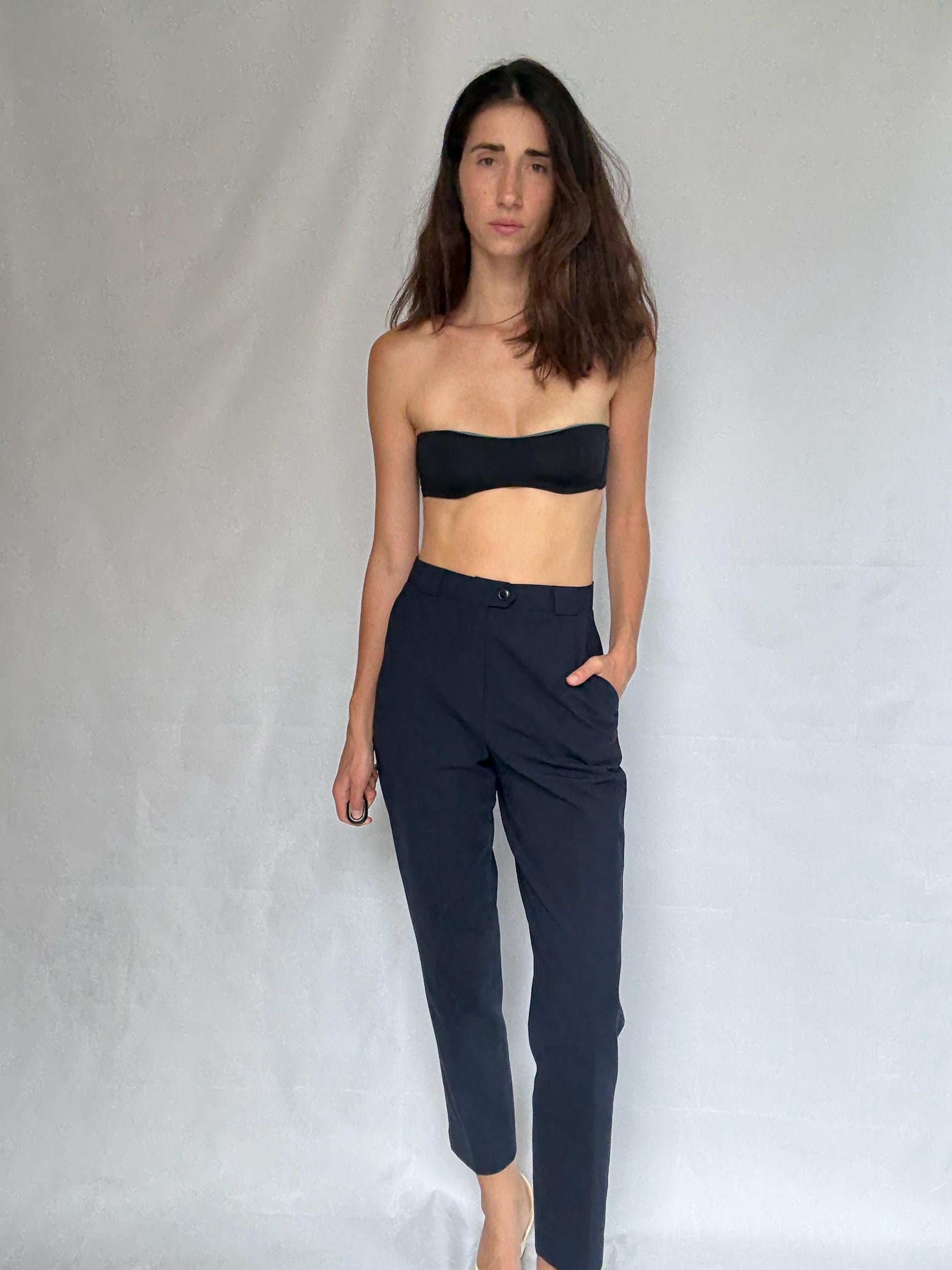 Rosner dark navy blue high waist pants, wool blend tailored fit trousers, Luxe minimalist chic woman trousers, Dark academia aesthetic, US S