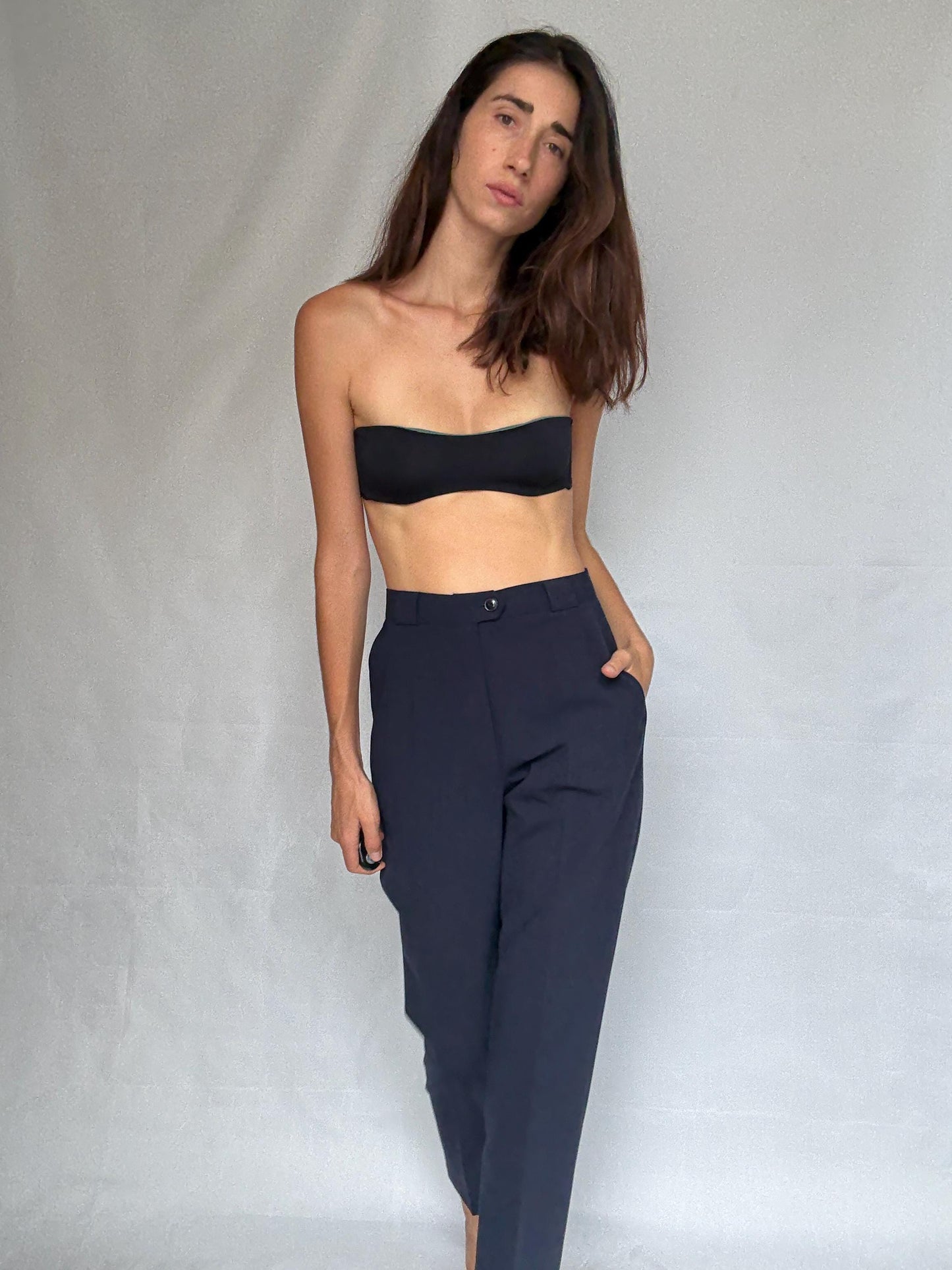 Navy Wool Blend High Waist Trousers — back view