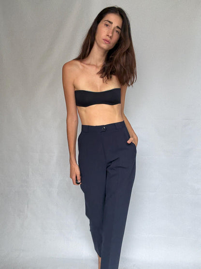 Navy Wool Blend High Waist Trousers — back view