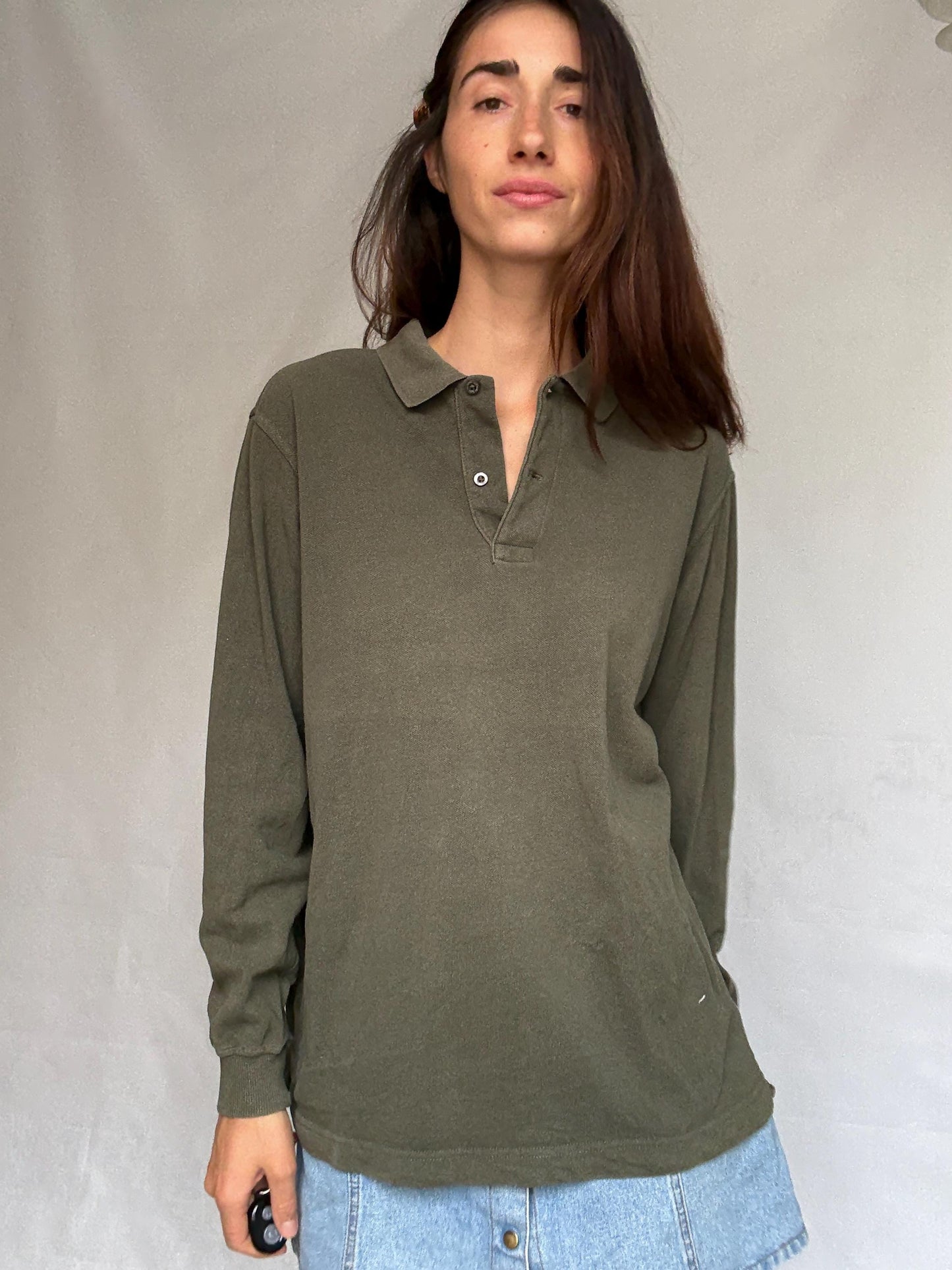 Vintage moss green Emidio Tucci polo shirt, cotton, regular fit, three, button placket, minimalist style, US XL, casual daywear,