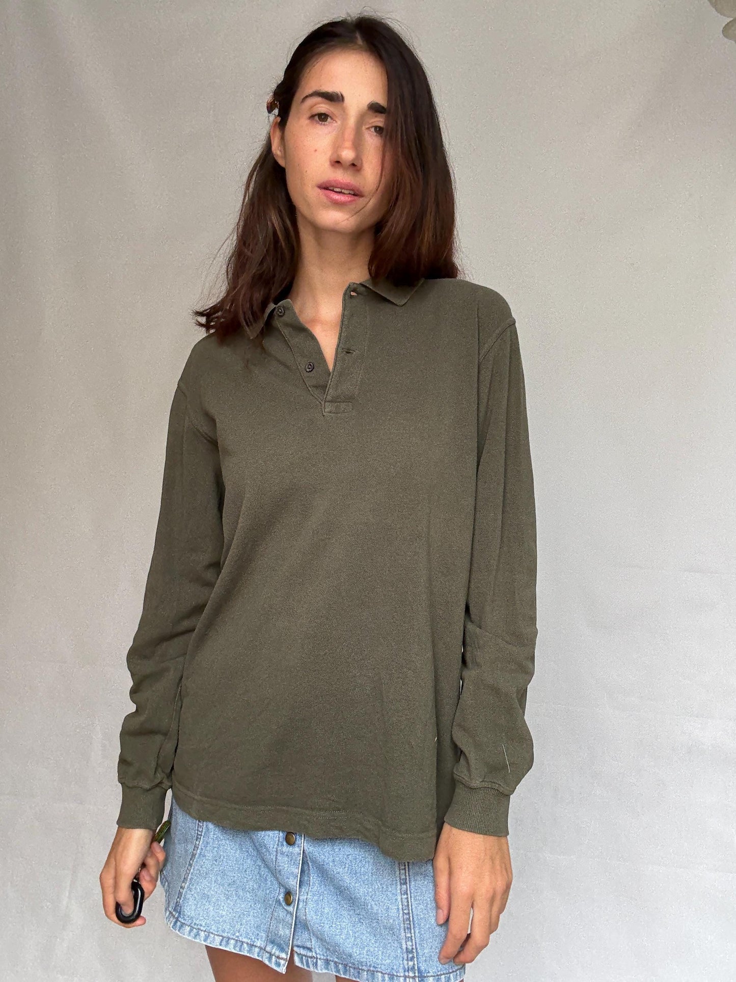 Vintage moss green Emidio Tucci polo shirt, cotton, regular fit, three, button placket, minimalist style, US XL, casual daywear,