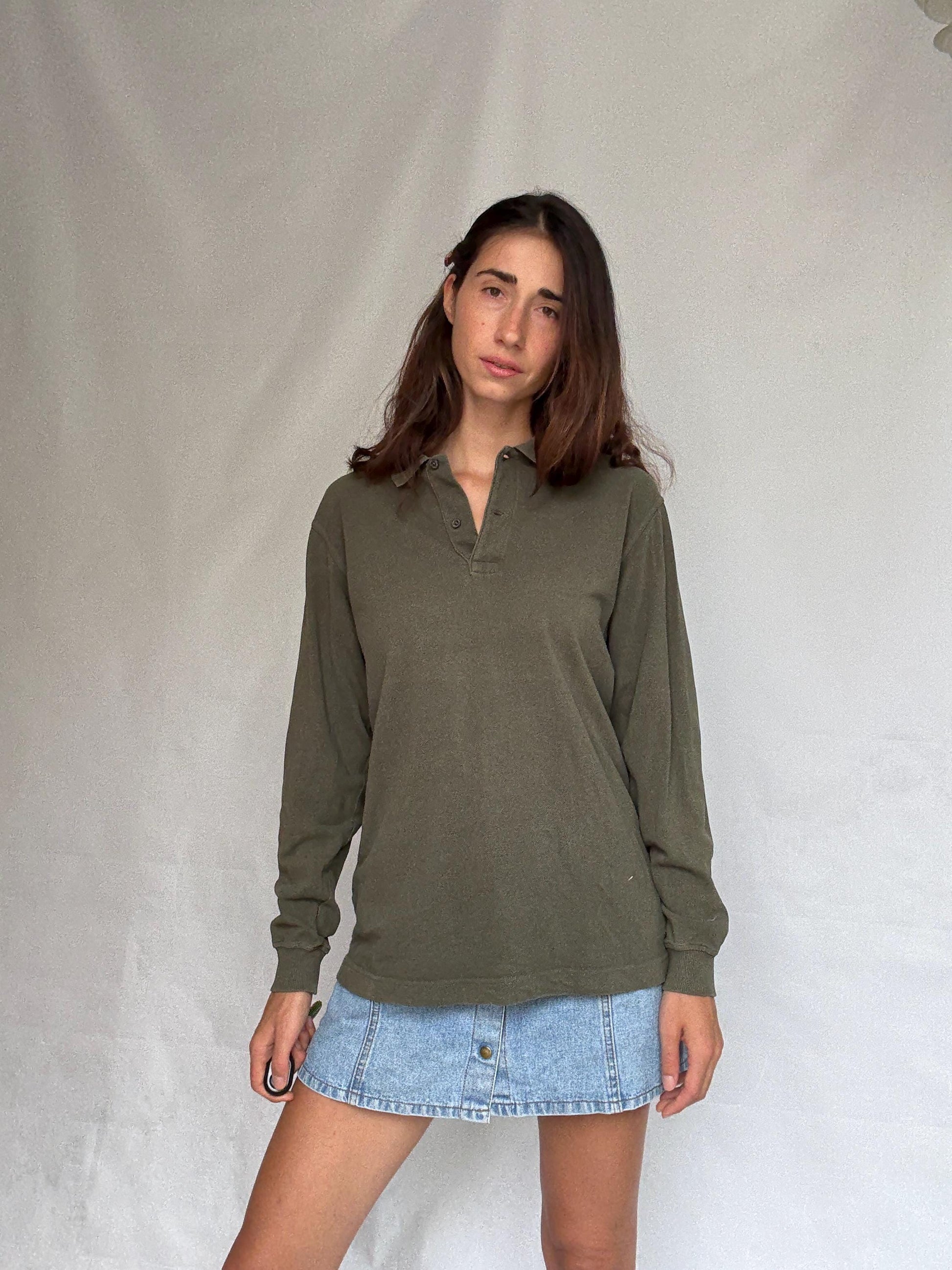 Vintage moss green Emidio Tucci polo shirt, cotton, regular fit, three, button placket, minimalist style, US XL, casual daywear,