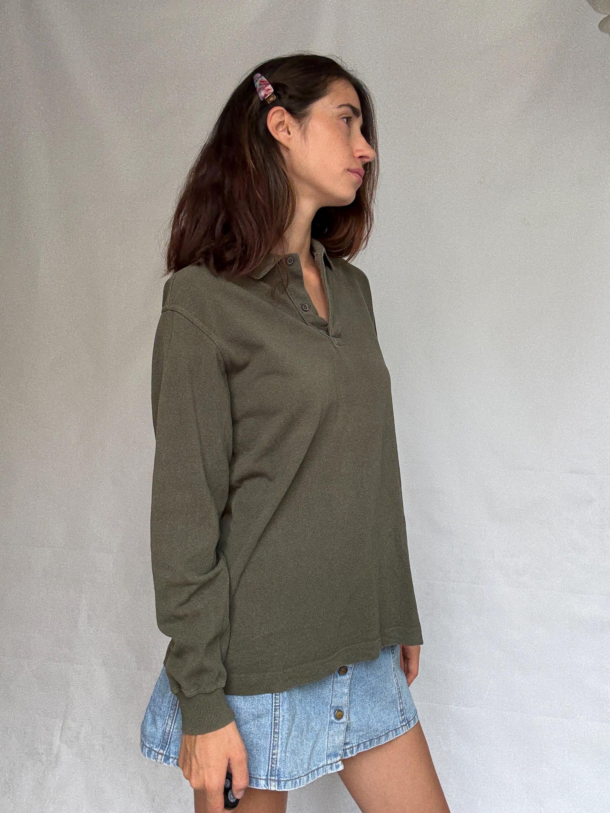 Vintage moss green Emidio Tucci polo shirt, cotton, regular fit, three, button placket, minimalist style, US XL, casual daywear,