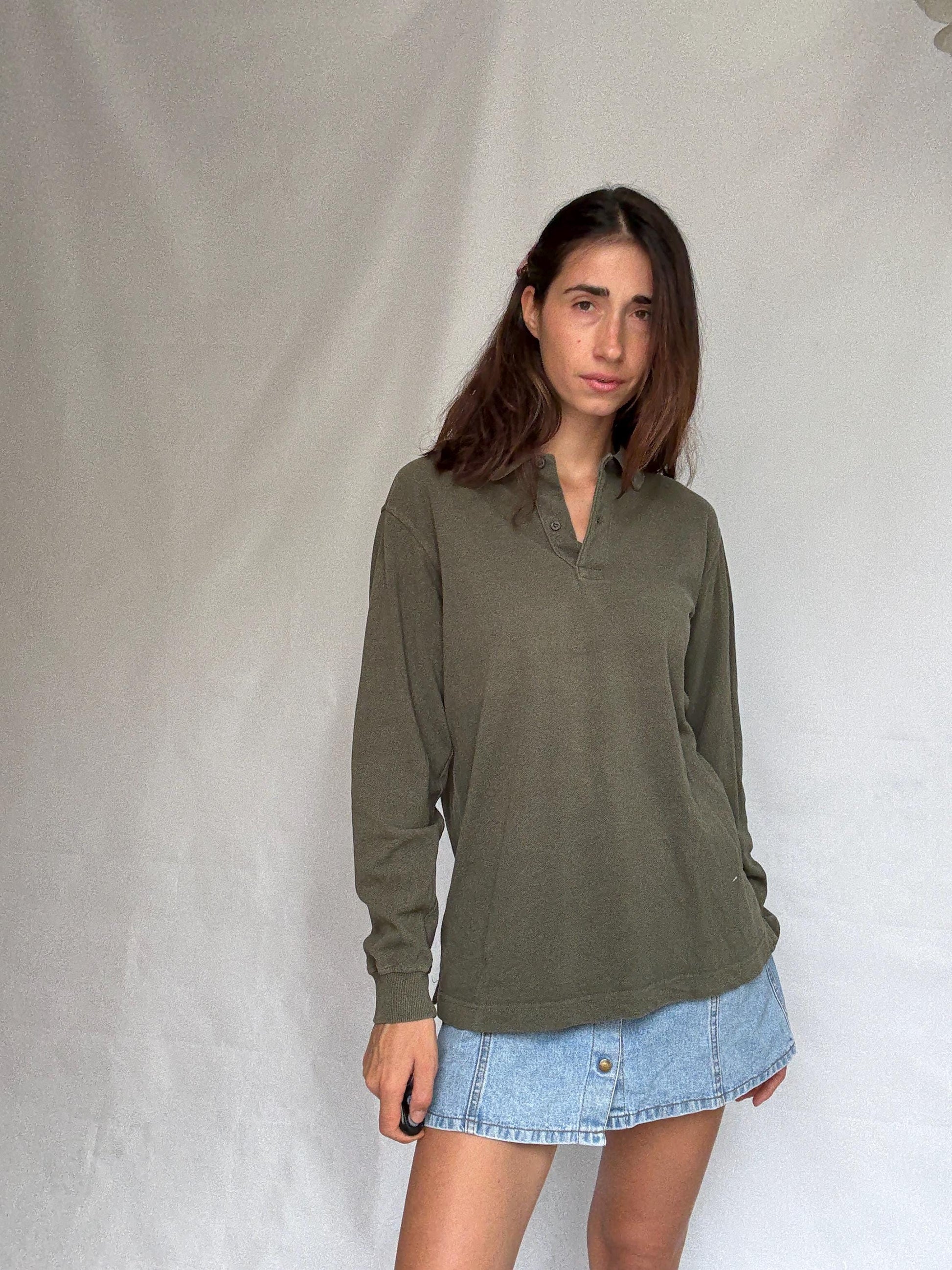 Vintage moss green Emidio Tucci polo shirt, cotton, regular fit, three, button placket, minimalist style, US XL, casual daywear,