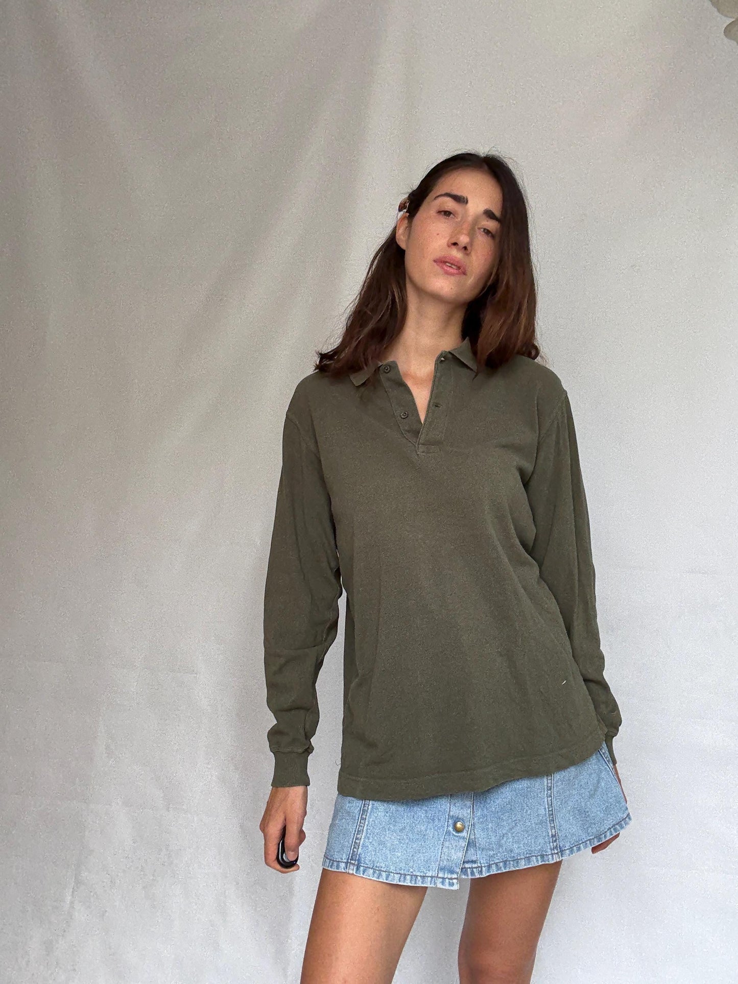 Vintage moss green Emidio Tucci polo shirt, cotton, regular fit, three, button placket, minimalist style, US XL, casual daywear,