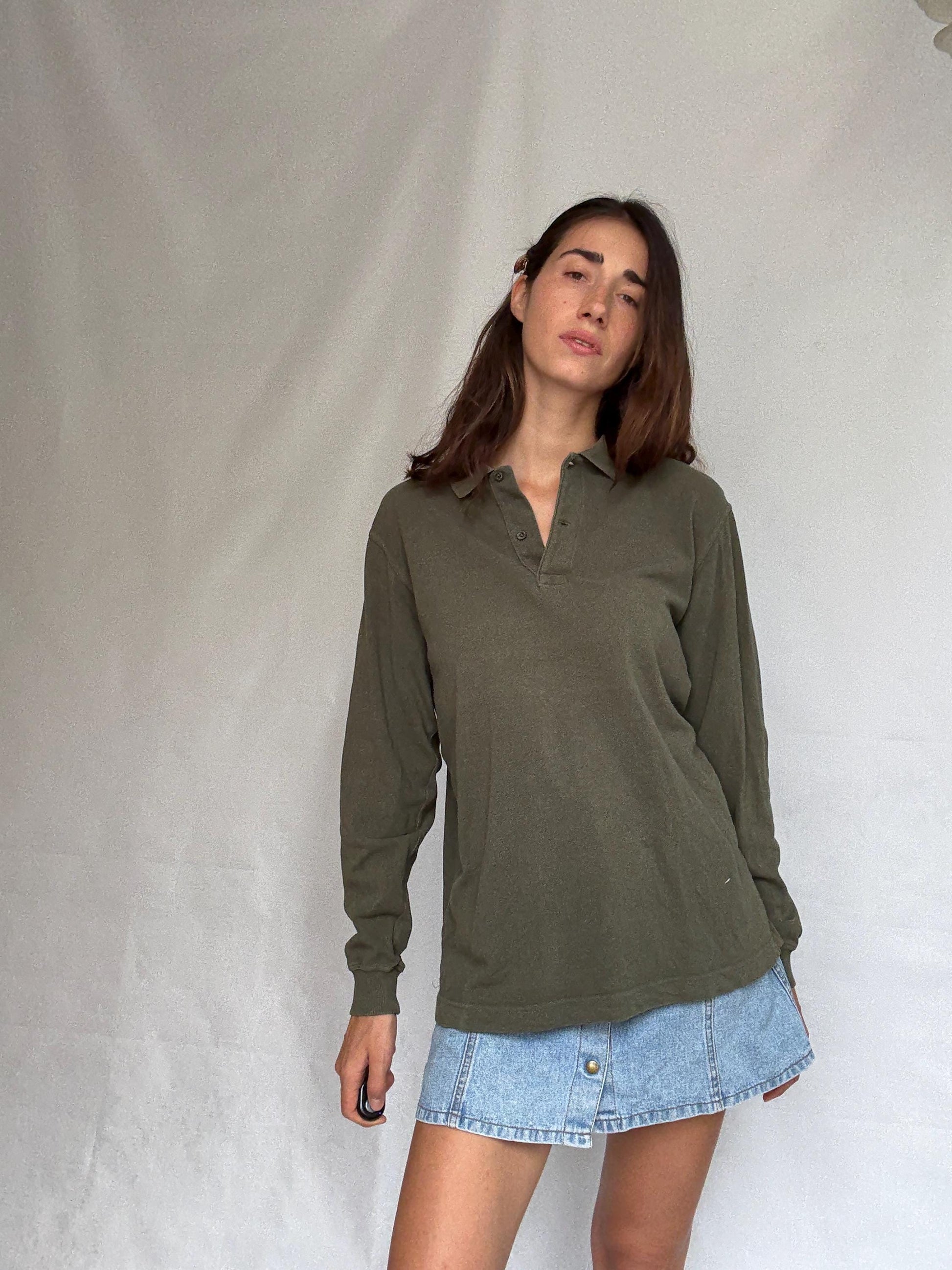 Vintage moss green Emidio Tucci polo shirt, cotton, regular fit, three, button placket, minimalist style, US XL, casual daywear,