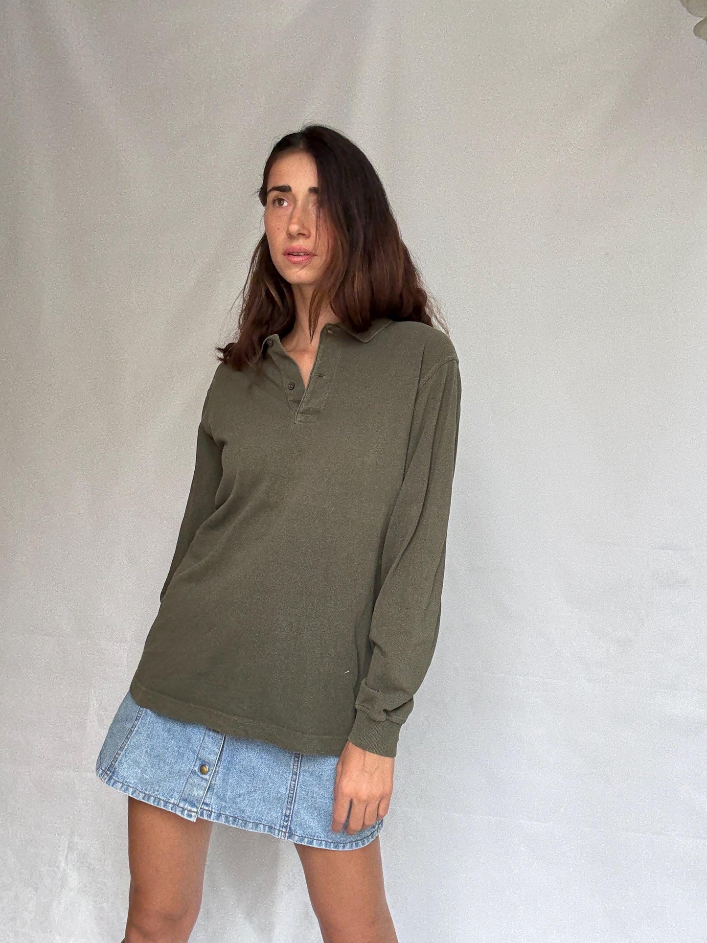 Vintage moss green Emidio Tucci polo shirt, cotton, regular fit, three, button placket, minimalist style, US XL, casual daywear,