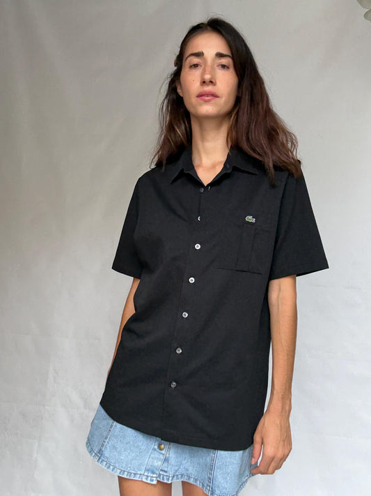 Vintage black Lacoste polo button up shirt, classic fit minimalist elegant style, Size XL, casual streetwear,