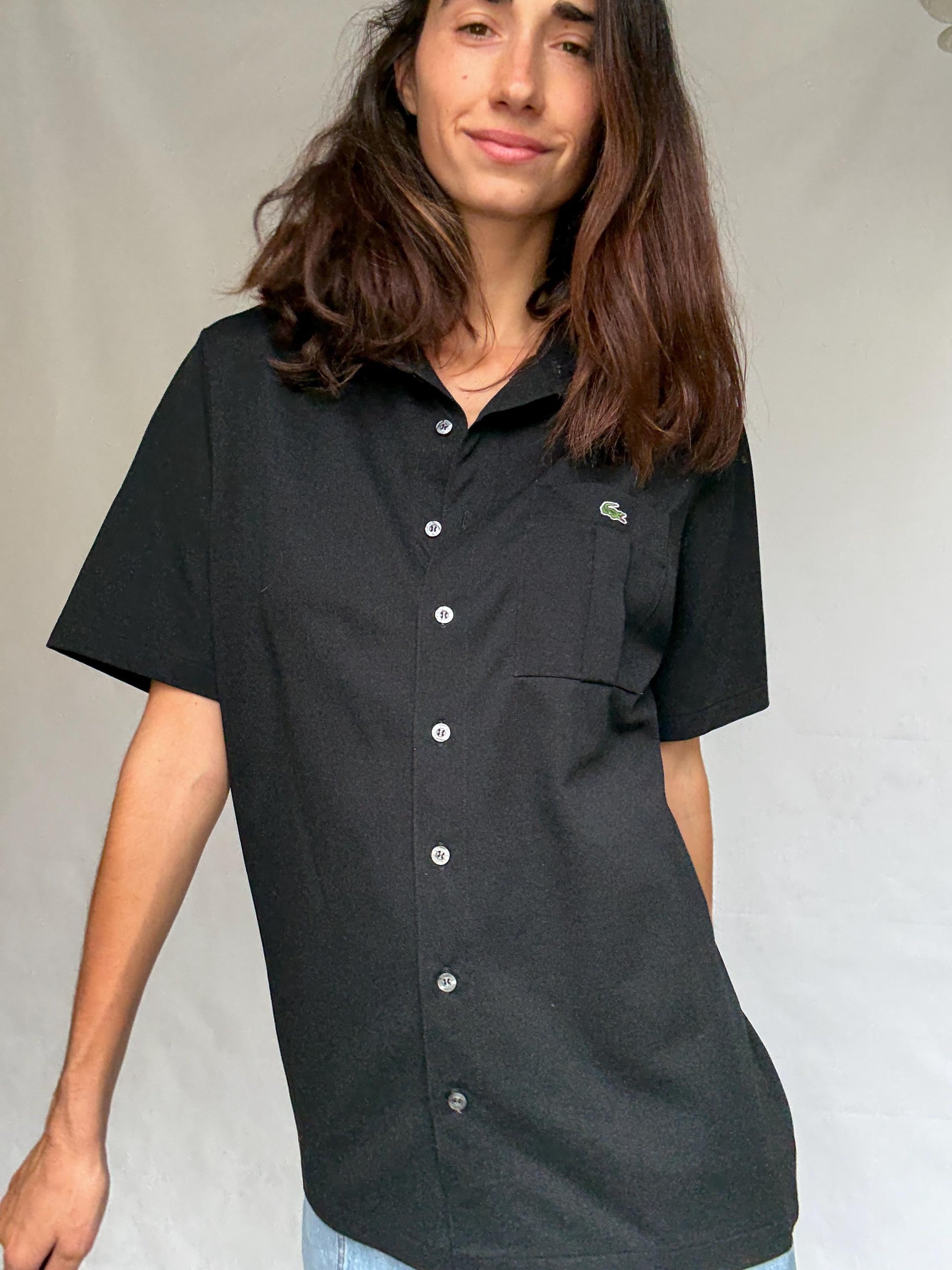 Vintage black Lacoste polo button up shirt, classic fit minimalist elegant style, Size XL, casual streetwear,
