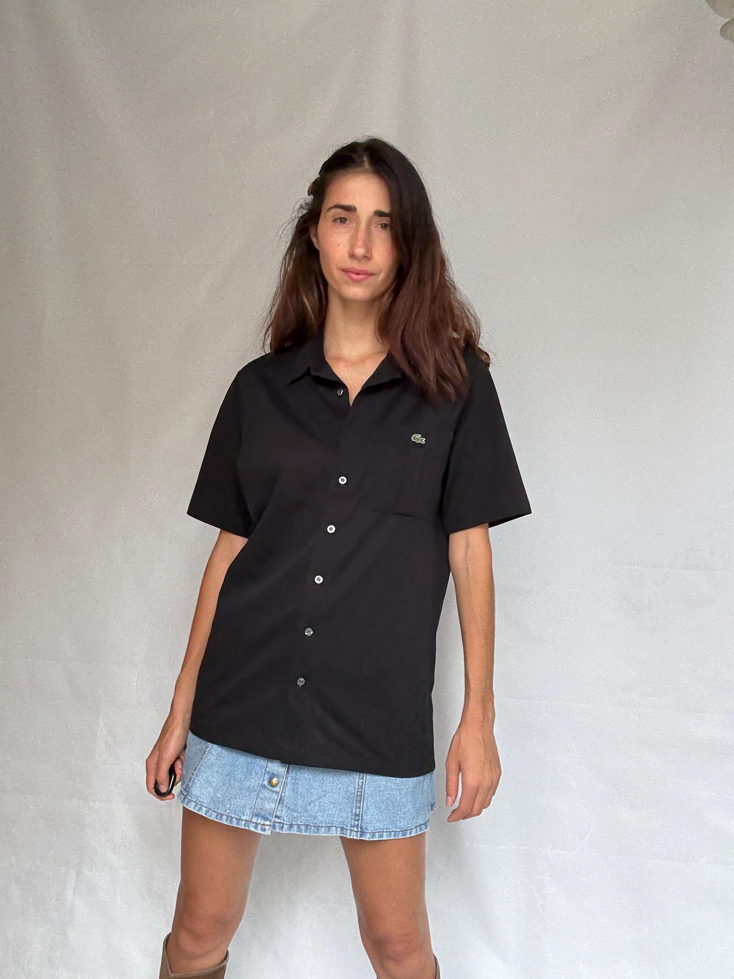 Vintage black Lacoste polo button up shirt, classic fit minimalist elegant style, Size XL, casual streetwear,