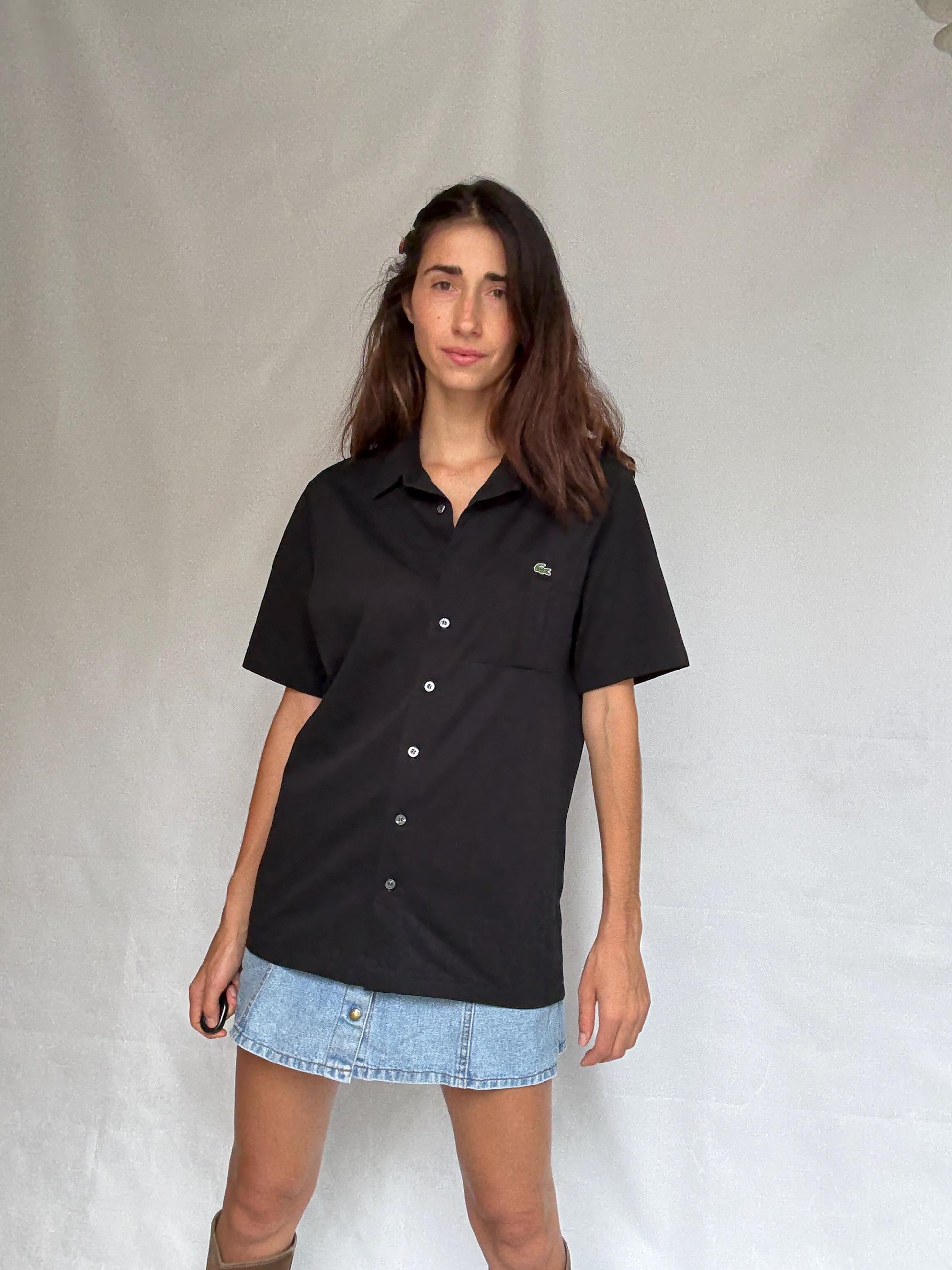 Vintage black Lacoste polo button up shirt, classic fit minimalist elegant style, Size XL, casual streetwear,