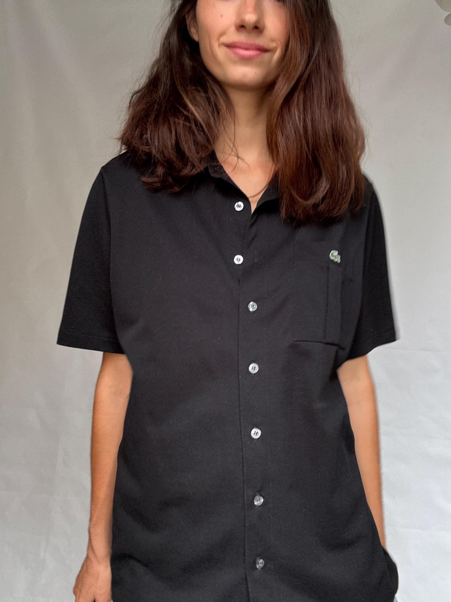 Vintage black Lacoste polo button up shirt, classic fit minimalist elegant style, Size XL, casual streetwear,