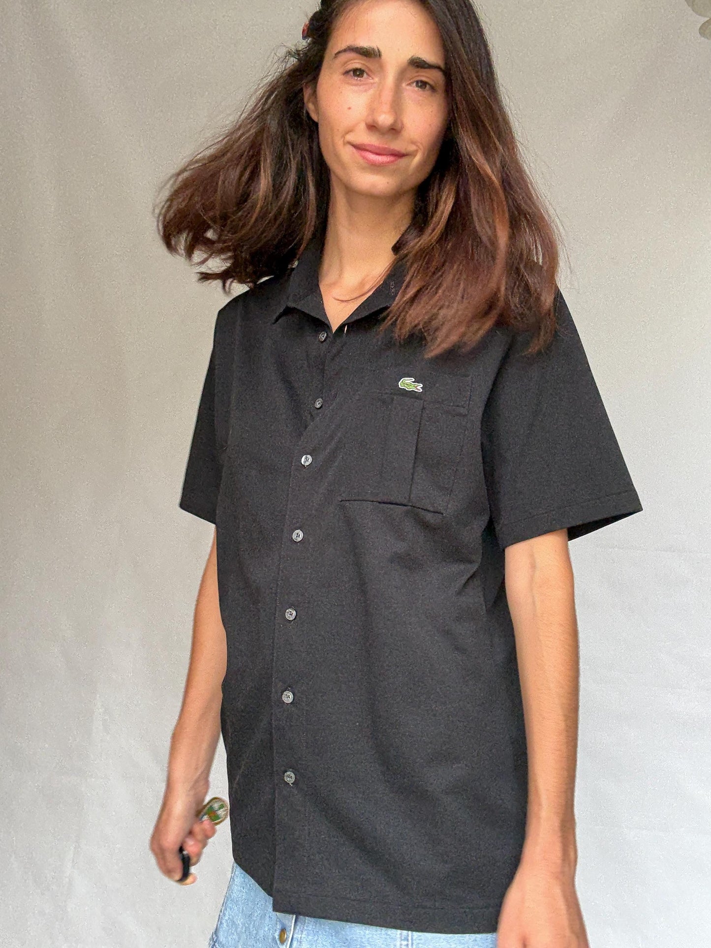 Vintage black Lacoste polo button up shirt, classic fit minimalist elegant style, Size XL, casual streetwear,