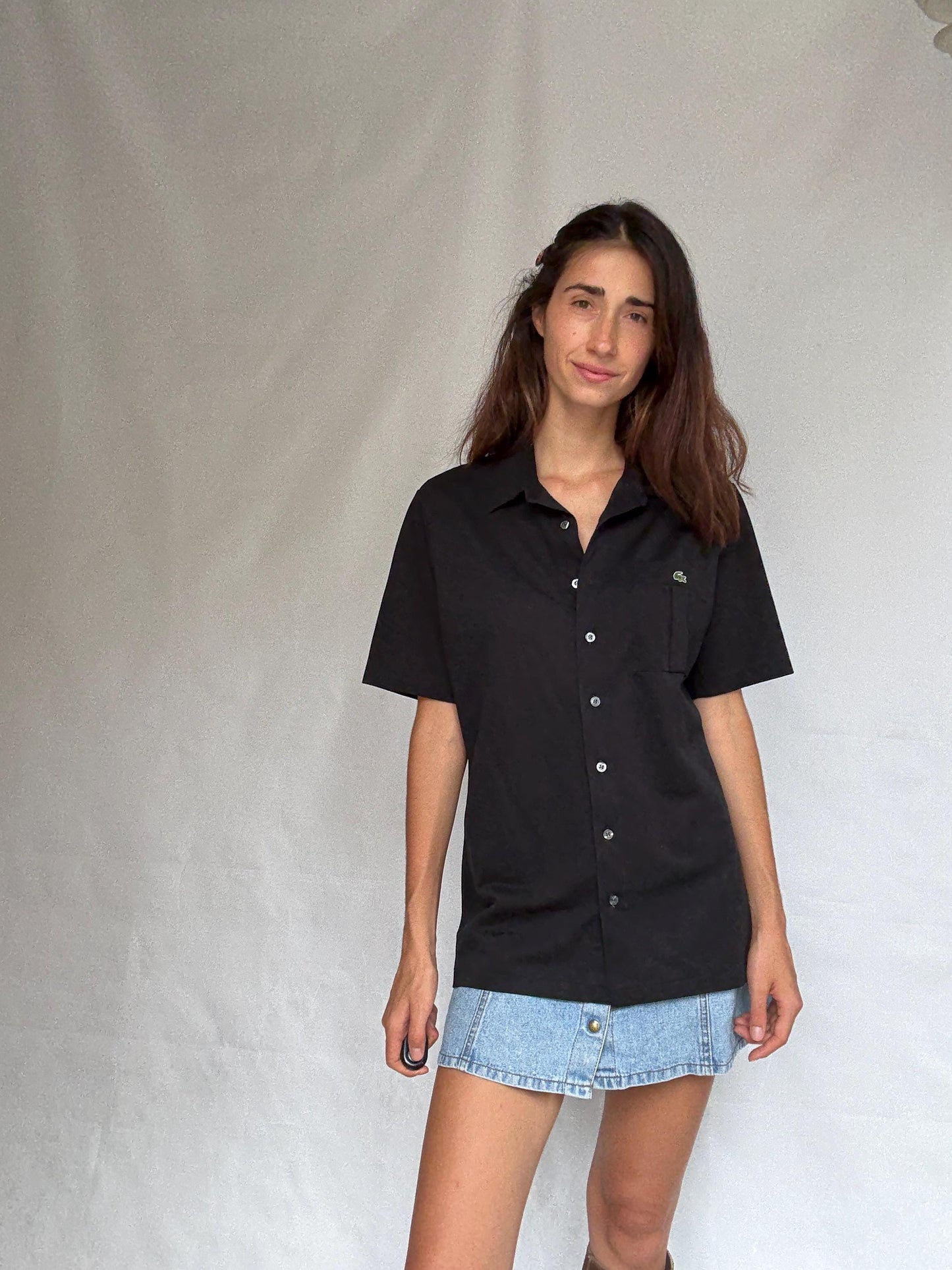 Vintage black Lacoste polo button up shirt, classic fit minimalist elegant style, Size XL, casual streetwear,